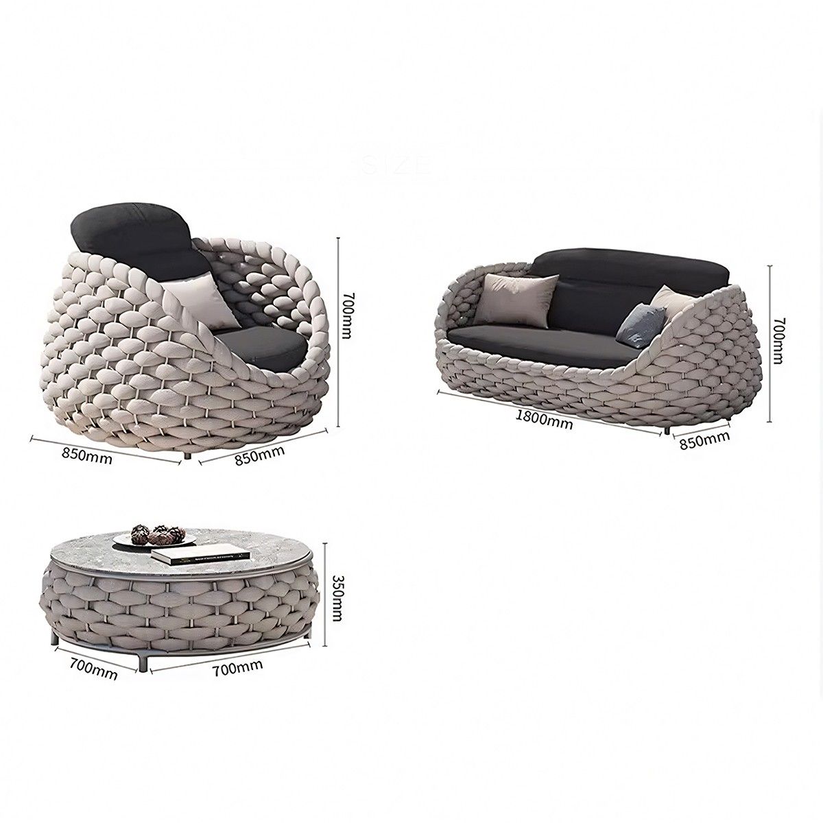 Möbelset für Terrasse und Garten, Creme, Sofa, Sessel, Couchtisch, Aluminium, Seilgeflecht, Dylan
