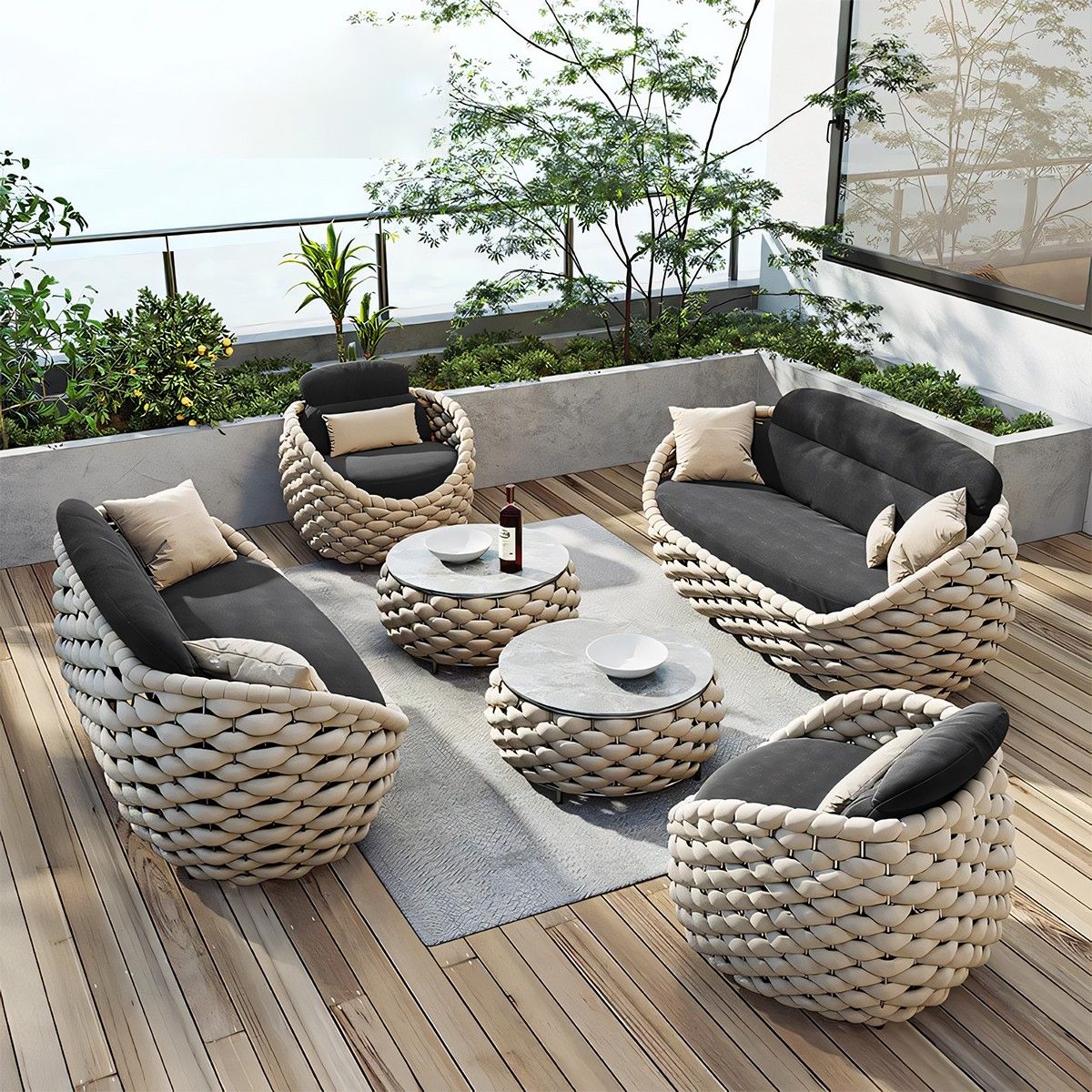Möbelset für Terrasse und Garten, Creme, Sofa, Sessel, Couchtisch, Aluminium, Seilgeflecht, Dylan