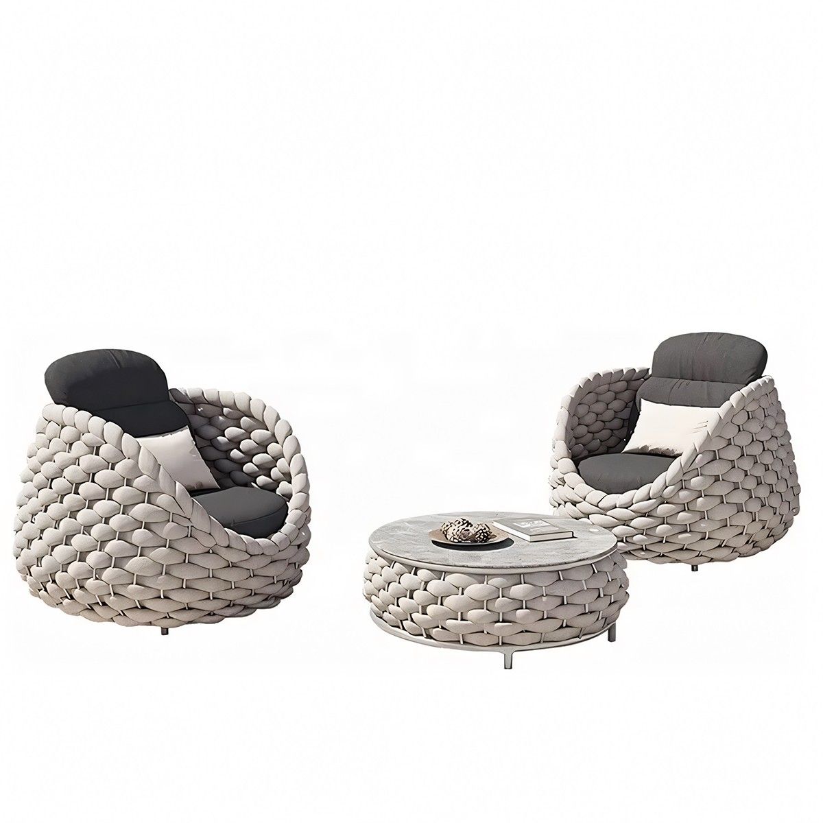 Möbelset für Terrasse und Garten, Creme, Sofa, Sessel, Couchtisch, Aluminium, Seilgeflecht, Dylan