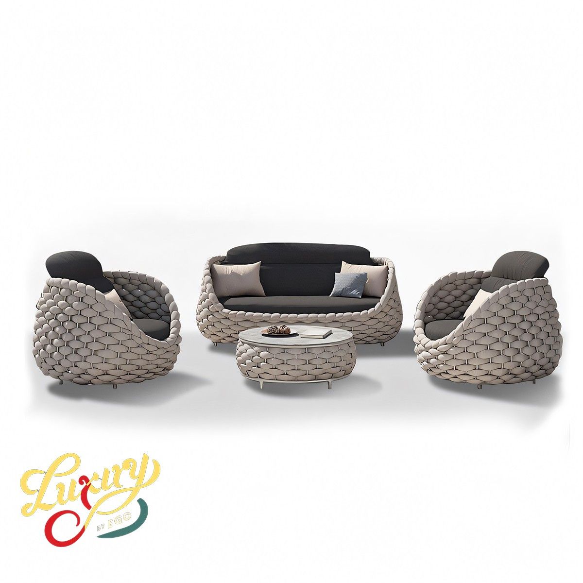Möbelset für Terrasse und Garten, Creme, Sofa, Sessel, Couchtisch, Aluminium, Seilgeflecht, Dylan