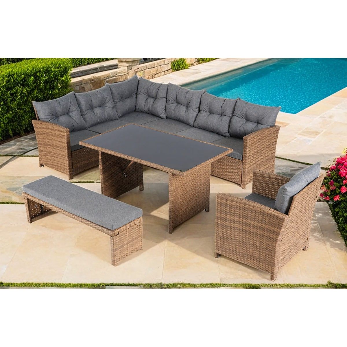 Möbelset für Terrasse oder Garten, Sofa, Sessel, Bank + Tisch mit Glasplatte, inklusive Kissen, Polyrattan, Bali