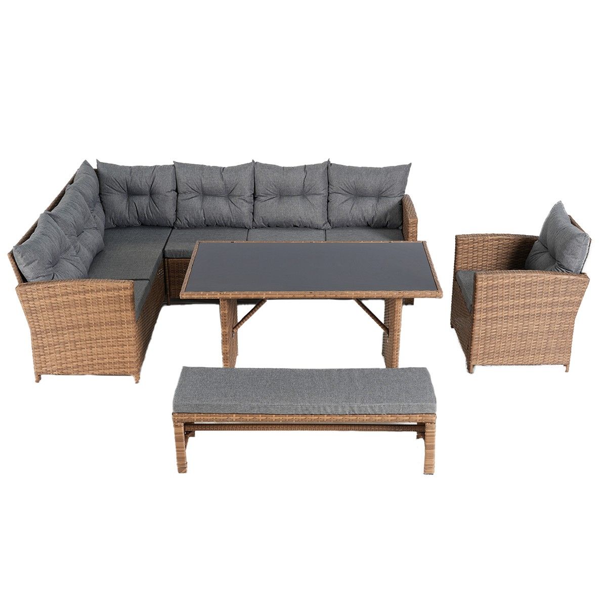 Möbelset für Terrasse oder Garten, Sofa, Sessel, Bank + Tisch mit Glasplatte, inklusive Kissen, Polyrattan, Bali