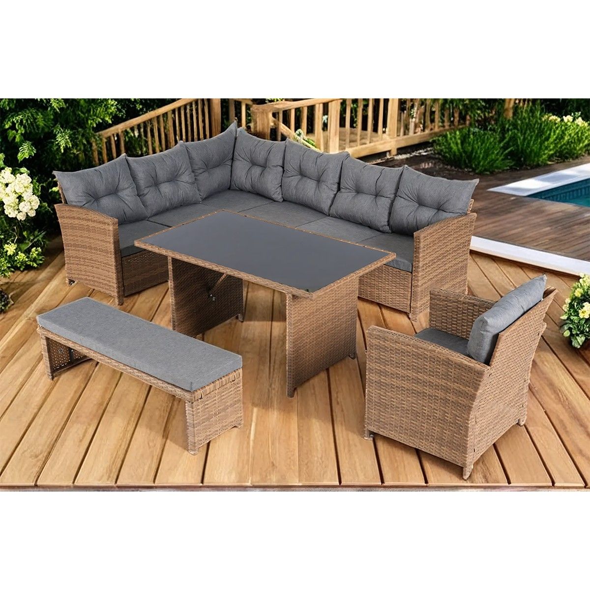 Möbelset für Terrasse oder Garten, Sofa, Sessel, Bank + Tisch mit Glasplatte, inklusive Kissen, Polyrattan, Bali