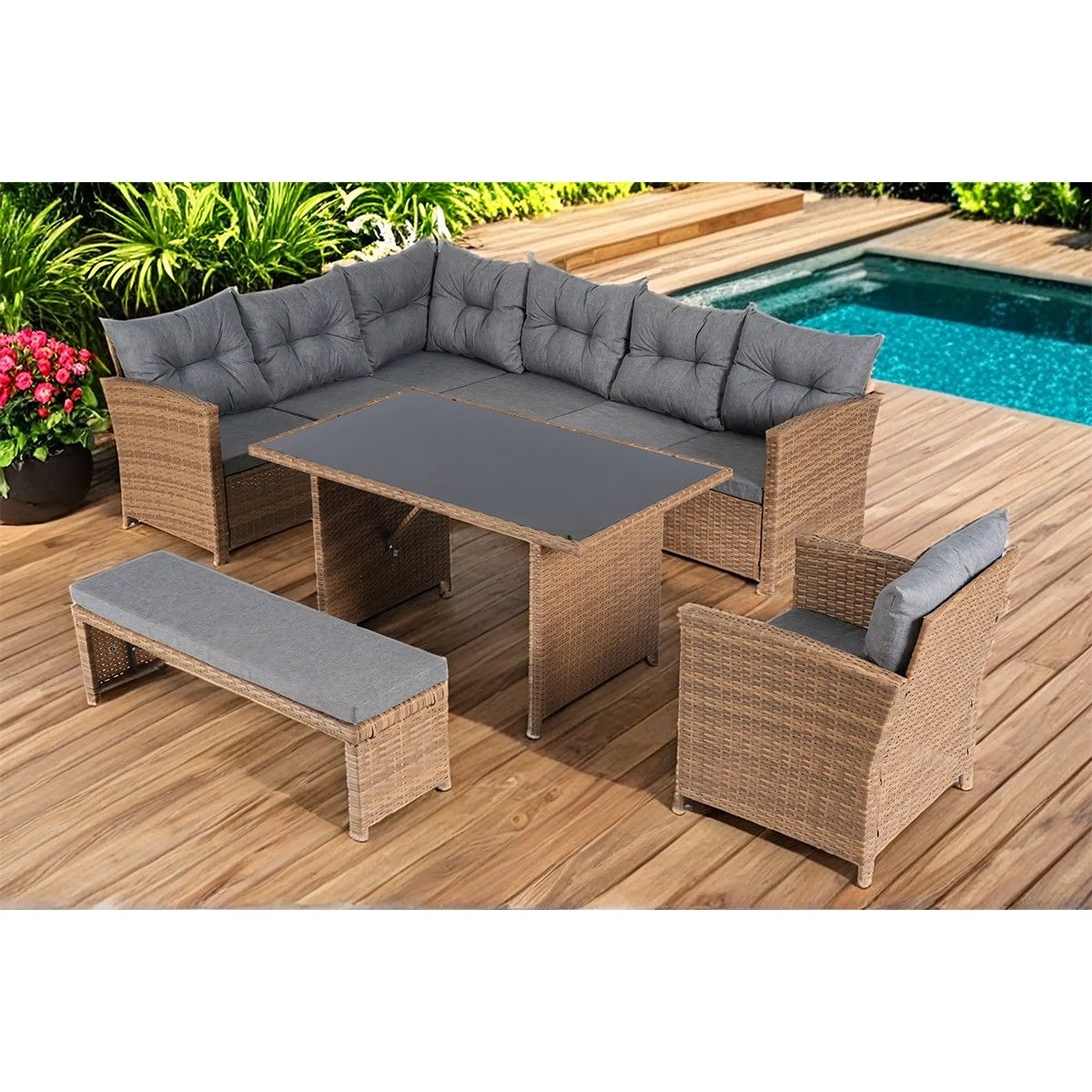 Möbelset für Terrasse oder Garten, Sofa, Sessel, Bank + Tisch mit Glasplatte, inklusive Kissen, Polyrattan, Bali