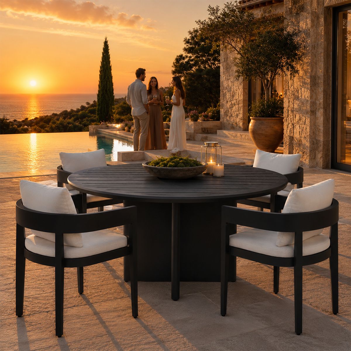 Möbelset für 4 Personen, Garten oder Terrasse, Aluminium, runder Tisch und 4 Stühle, 100% Olefin-Gewebe, Costa Rica