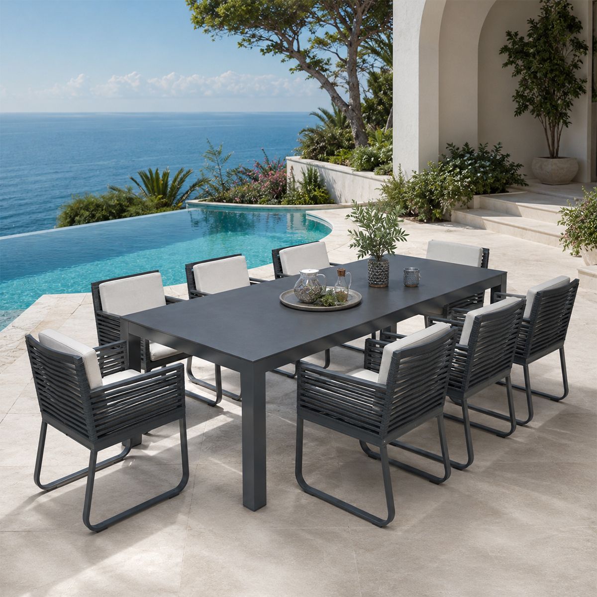 Möbelset für 8 Personen, Garten oder Terrasse, Tisch 240x100 cm + 8 Stühle, Aluminium, Seilgeflecht, Capri