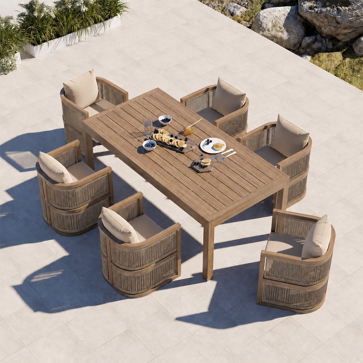 Möbelgarnitur, Tisch 150 cm + 6 Stühle, Teakholz, für Terrasse oder Garten, Seilgeflecht, Kissen inklusive, Gardenia