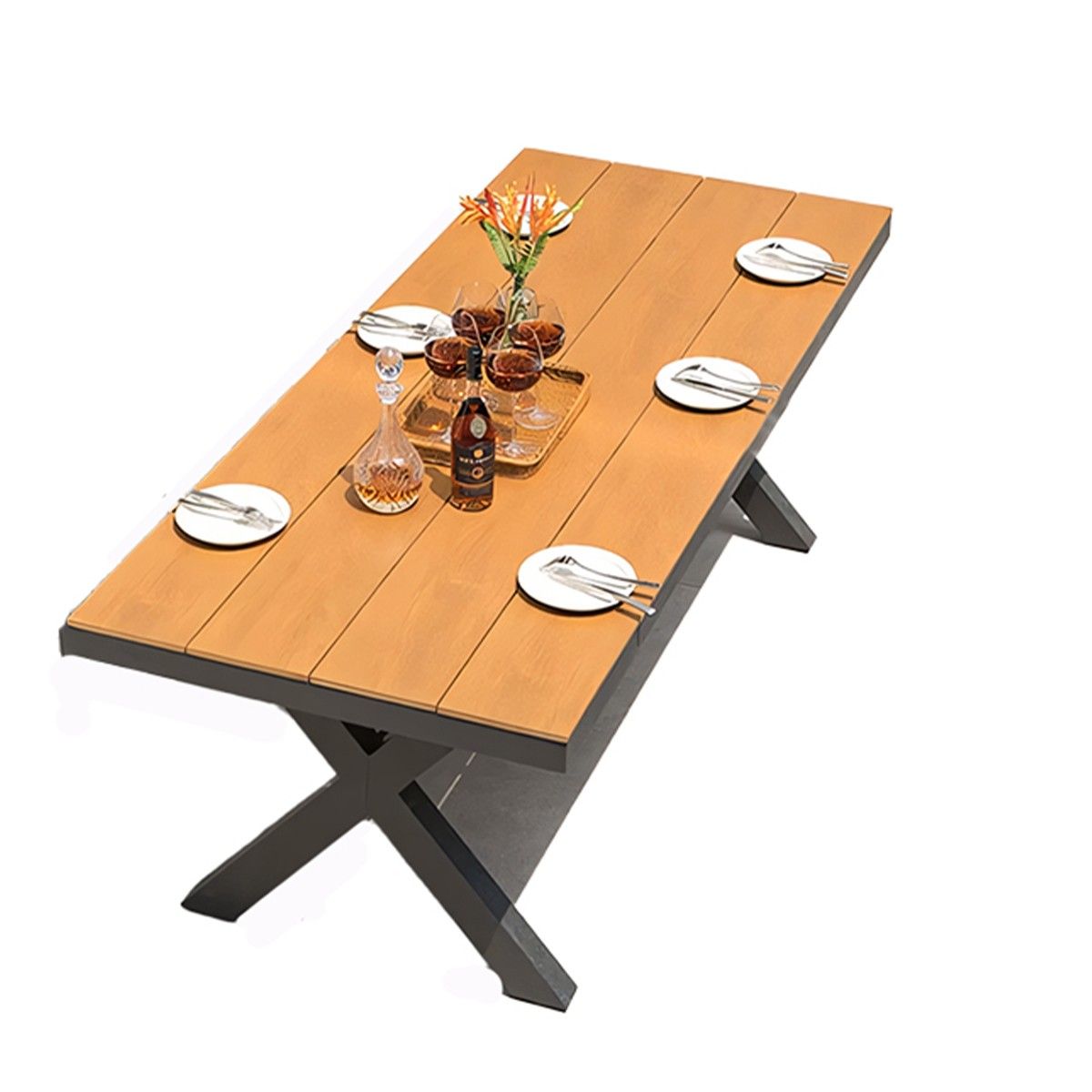 Möbelset für 6 Personen, Garten oder Terrasse, Aluminium in Dunkelgrau, Tisch 200 cm + 6 Stühle mit grünem Seilgeflecht, Zen