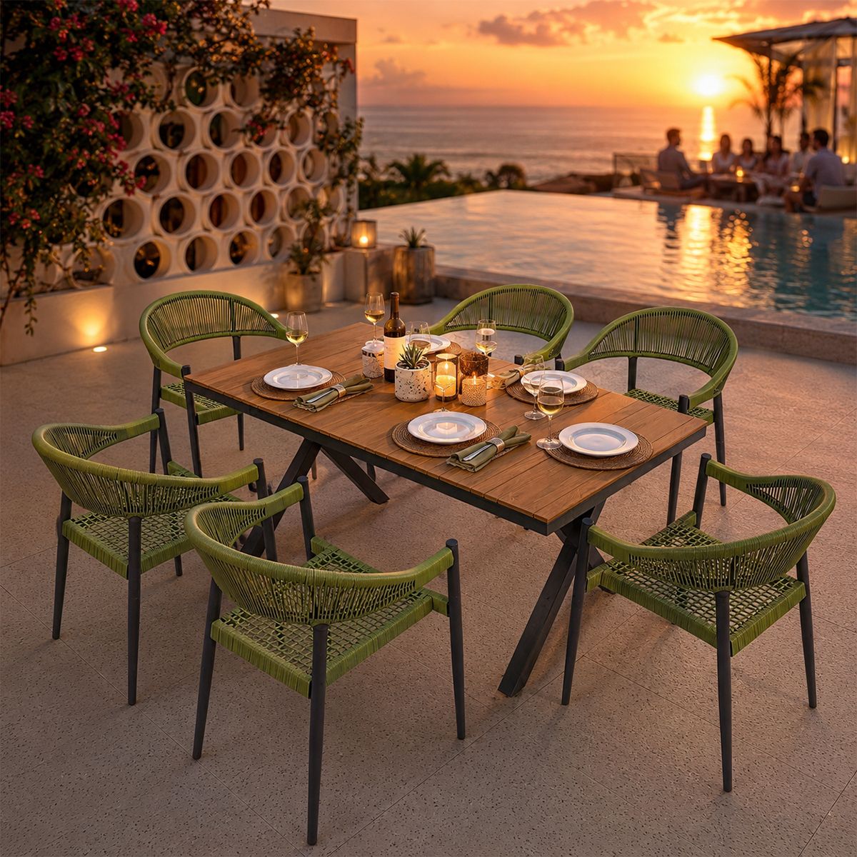 Möbelset für 6 Personen, Garten oder Terrasse, Aluminium in dunkelgrau, Tisch 200 cm + 6 Stühle mit grüner Seilflechtung, Zen