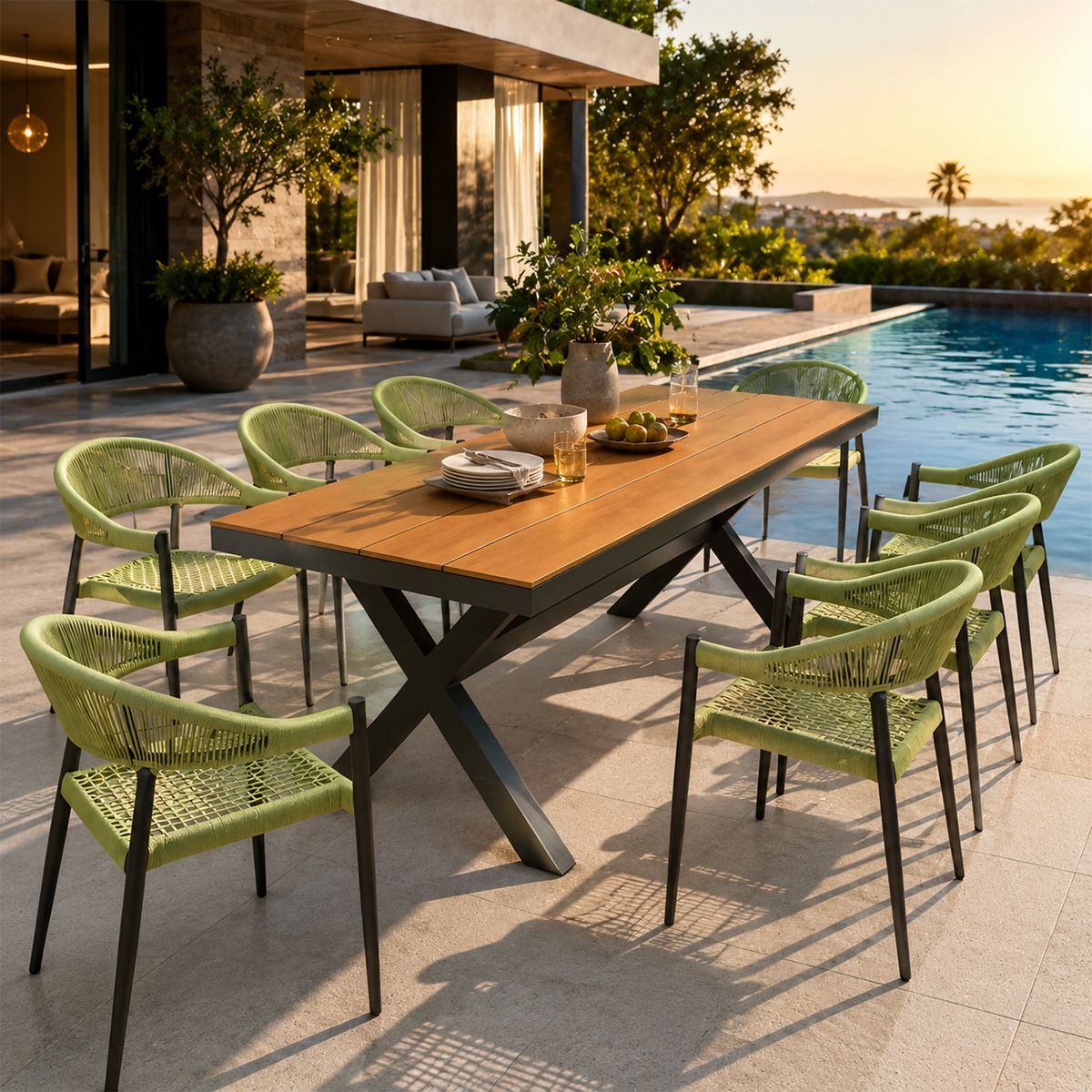 Möbelset für 8 Personen, Garten oder Terrasse, Aluminium in dunkelgrau, Tisch 200 cm + 8 Stühle mit grüner Seilflechtung, Zen