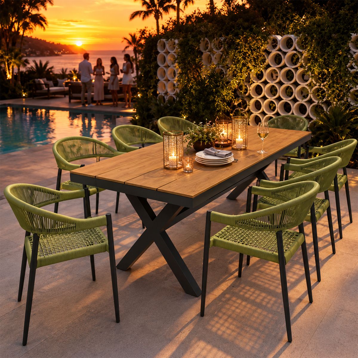 Möbelset für 8 Personen, Garten oder Terrasse, Aluminium in dunkelgrau, Tisch 200 cm + 8 Stühle mit grüner Seilflechtung, Zen