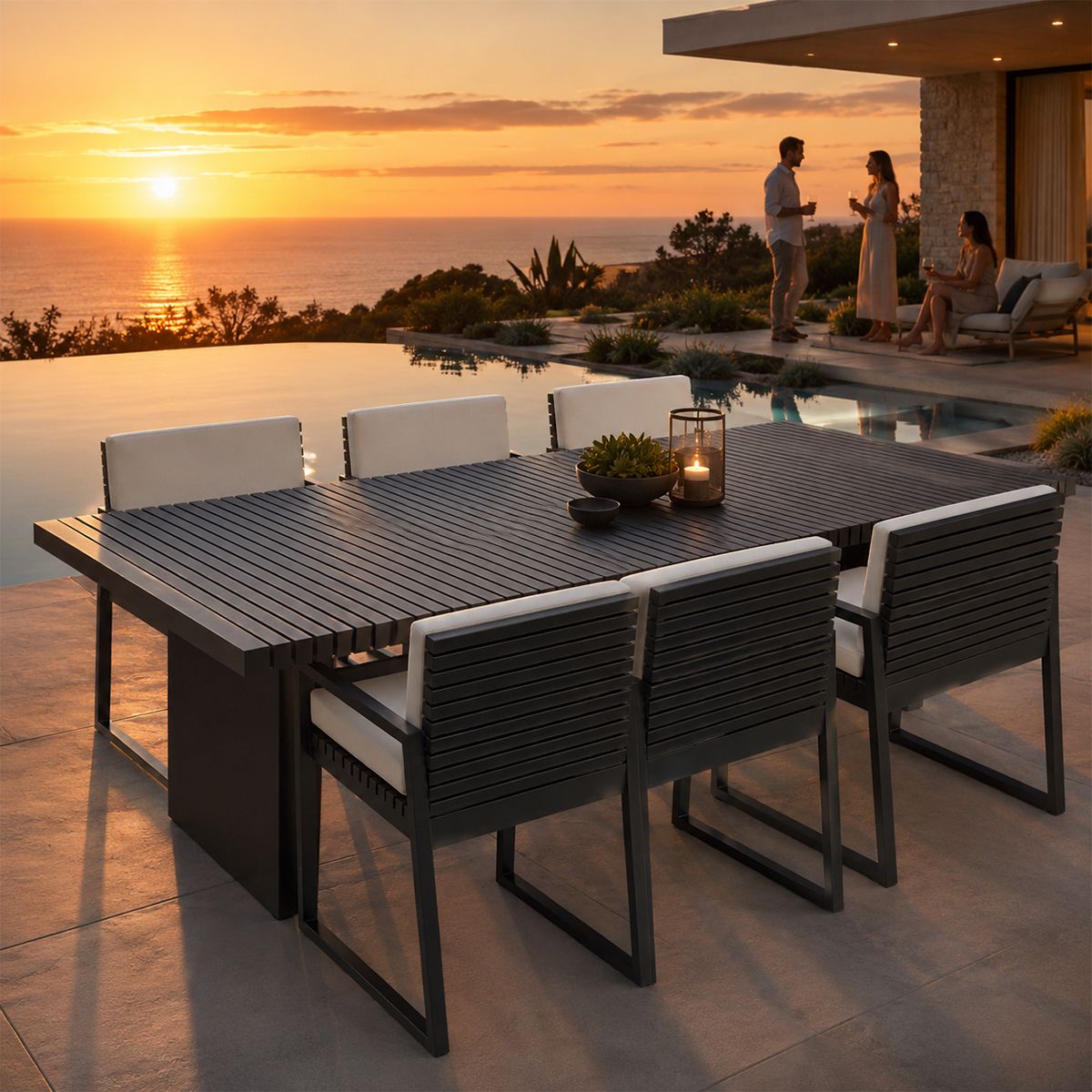 Möbelset für 6 Personen, Garten oder Terrasse, Aluminium, Tisch 213x100 cm + 6 Stühle, 100% Olefin-Gewebe, Mykonos