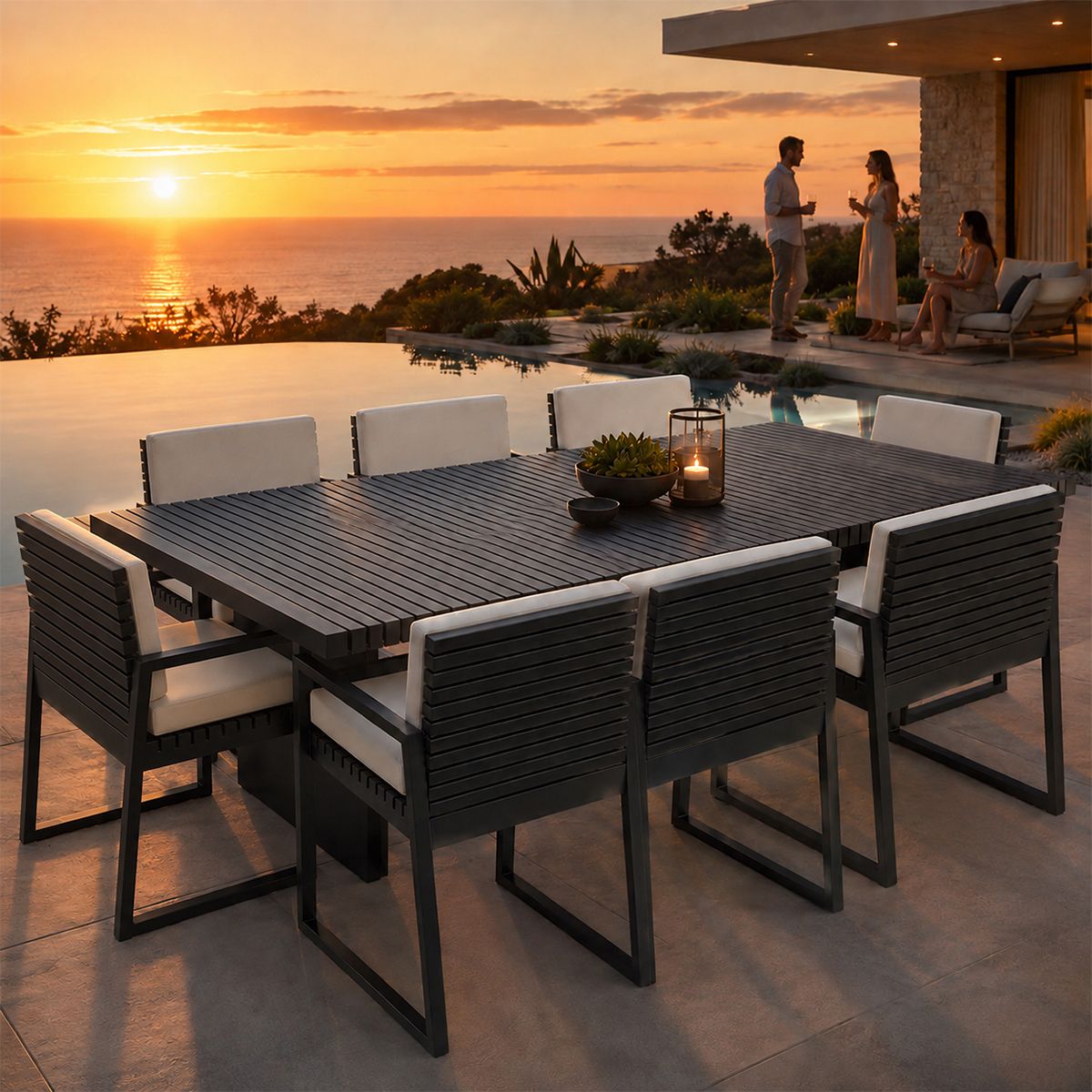 Möbelset für 8 Personen, Garten oder Terrasse, Aluminium, Tisch 213x100 cm + 8 Stühle, 100% Olefin-Gewebe, Mykonos