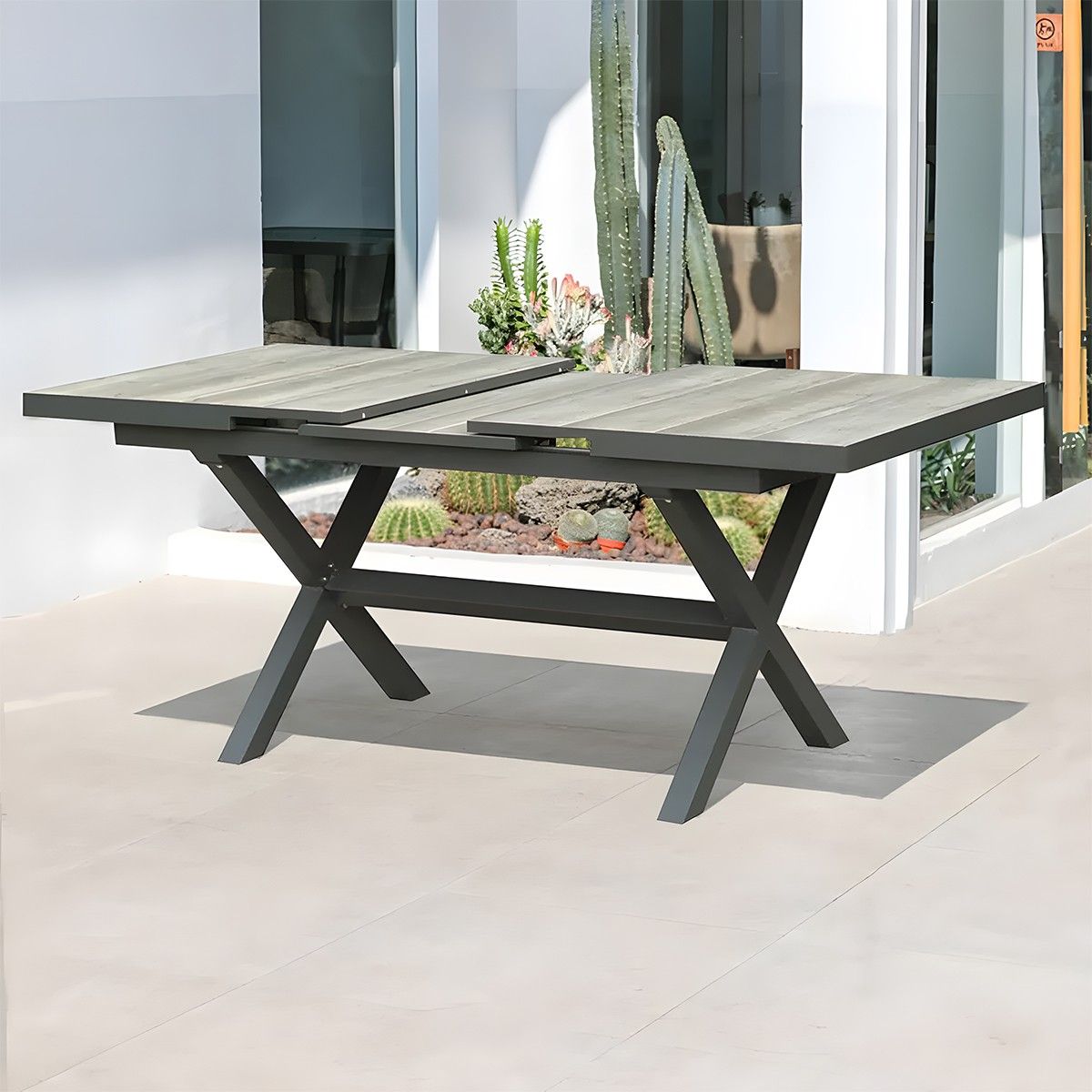 Möbelset für 6 Personen, Garten oder Terrasse, Aluminium, ausziehbarer Tisch mit Steinplatte, Seilgeflecht, Maldives