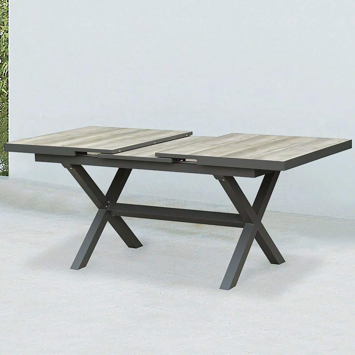 Möbelset für 6 Personen, Garten oder Terrasse, Aluminium, ausziehbarer Tisch mit Steinplatte, Seilgeflecht, Maldives