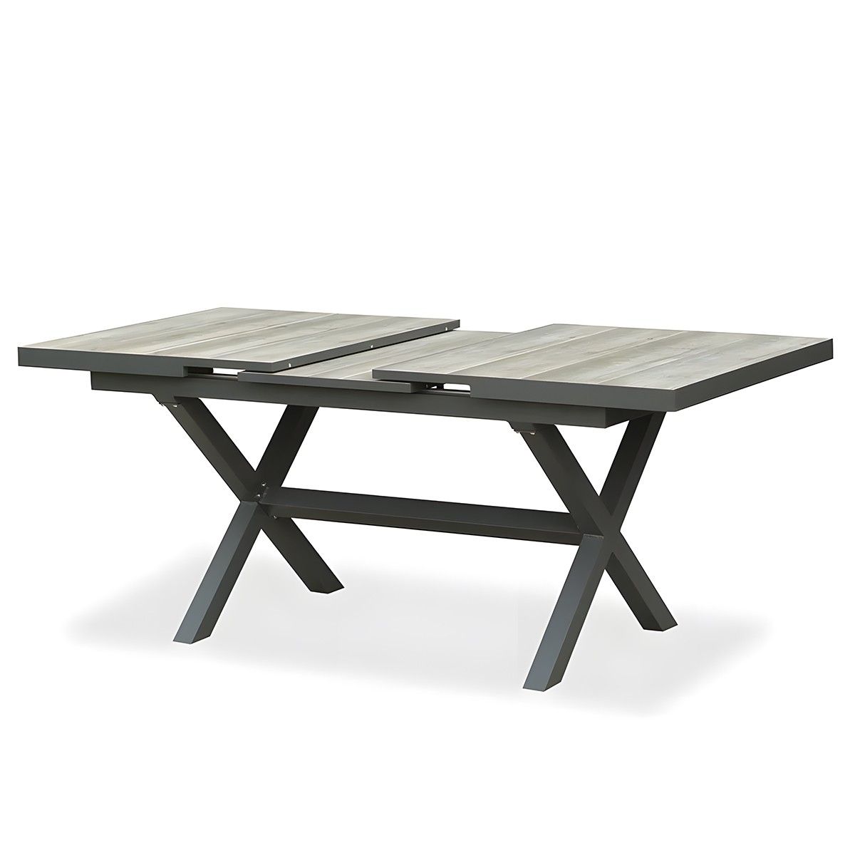 Möbelset für 6 Personen, Garten oder Terrasse, Aluminium, ausziehbarer Tisch mit Steinplatte, Seilgeflecht, Maldives