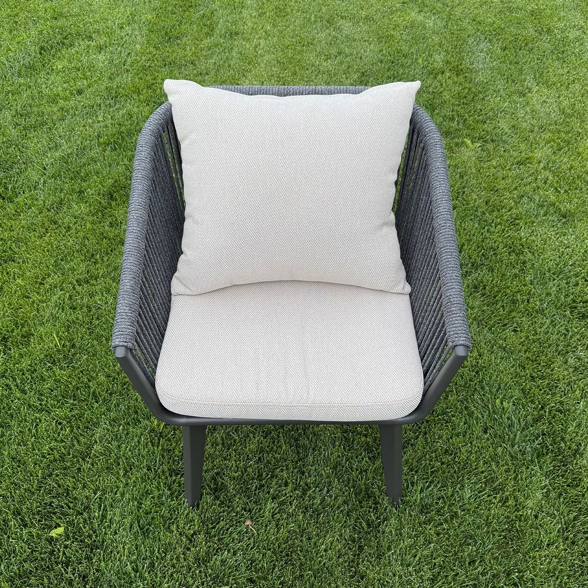 Möbelset für 6 Personen, Garten oder Terrasse, Aluminium, ausziehbarer Tisch mit Steinplatte, Seilgeflecht, Maldives