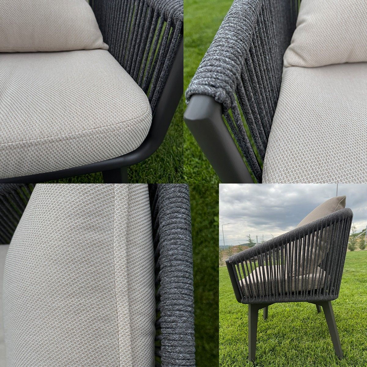 Möbelset für 8 Personen, Garten oder Terrasse, Aluminium, ausziehbarer Tisch mit Steinplatte, Seilgeflecht, Maldives