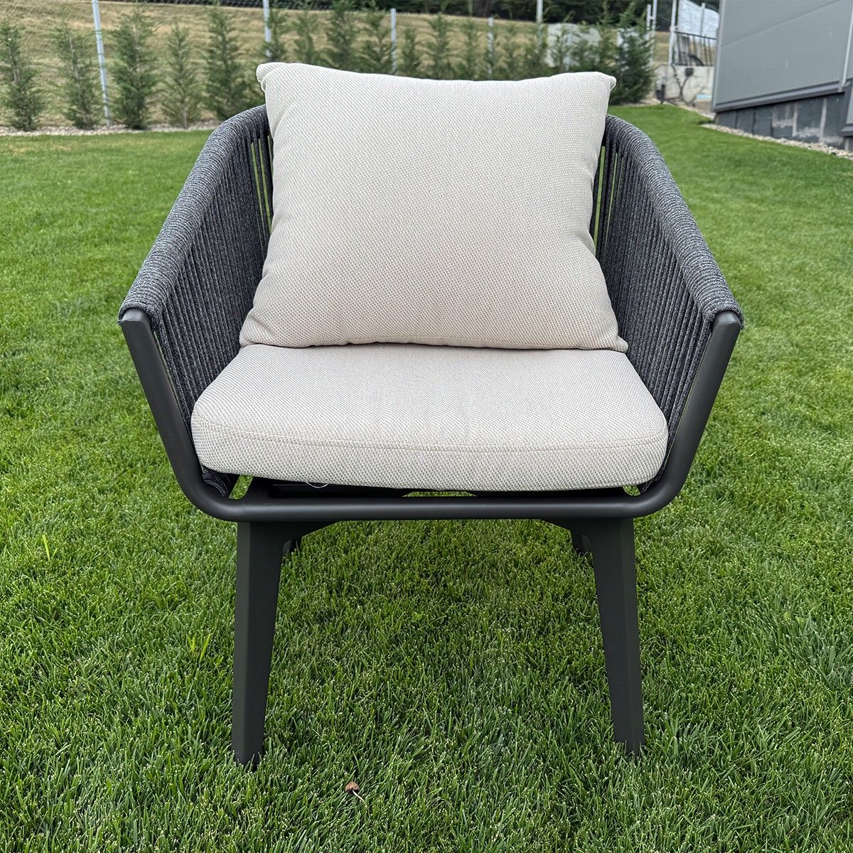 Möbelset für 8 Personen, Garten oder Terrasse, Aluminium, ausziehbarer Tisch mit Steinplatte, Seilgeflecht, Maldives