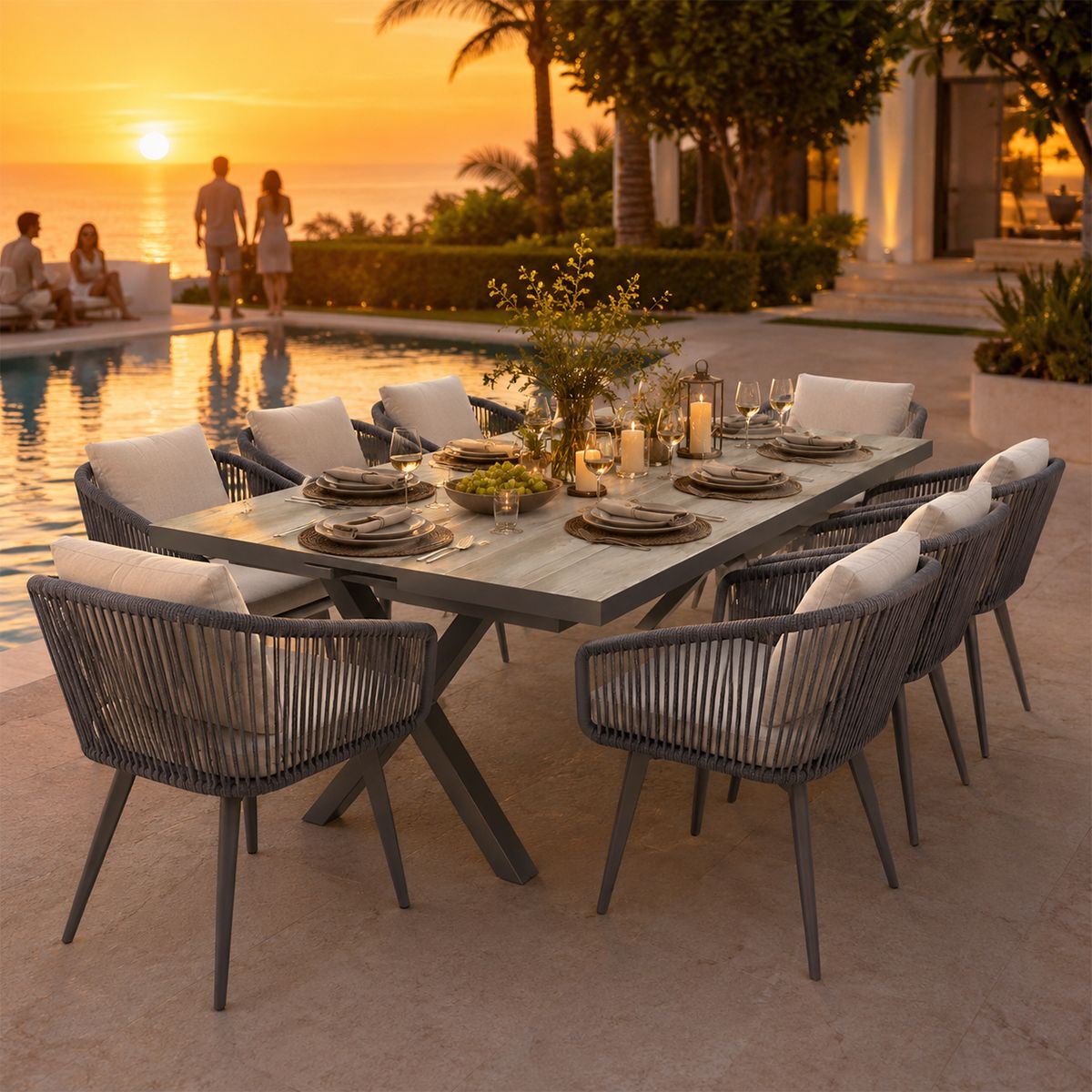 Möbelset für 8 Personen, Garten oder Terrasse, Aluminium, ausziehbarer Tisch mit Steinplatte, Seilgeflecht, Maldives