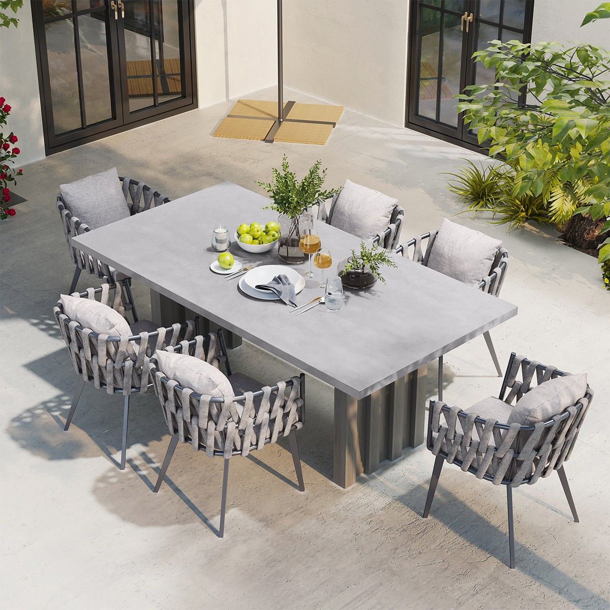 Möbelset für Terrasse oder Garten, 6 Stühle, ausziehbarer Tisch, Aluminium und Seilgeflecht, Riga