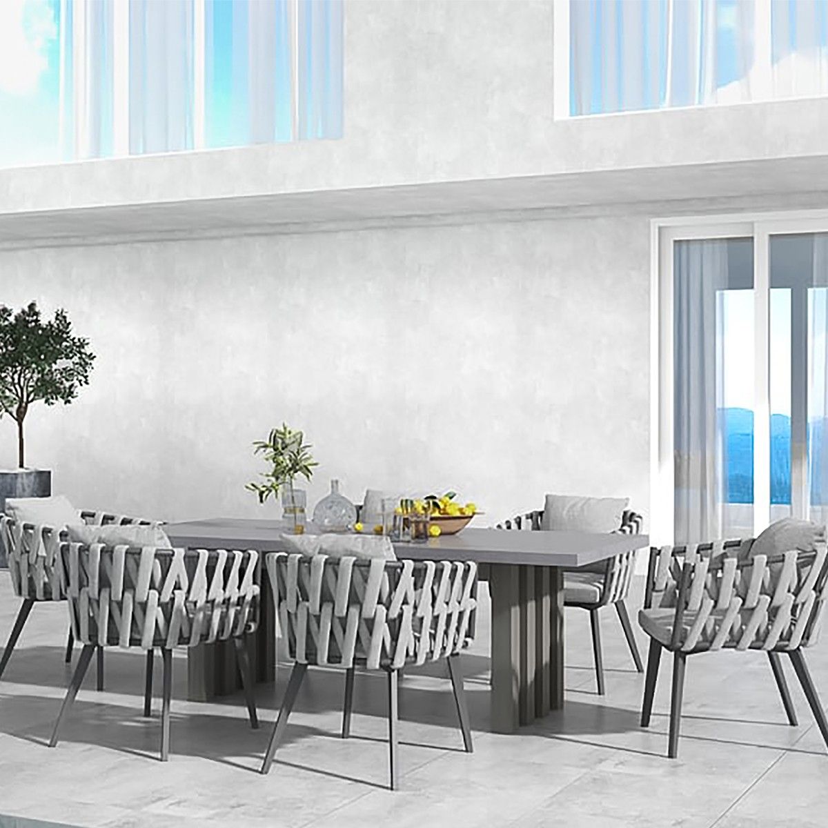 Möbelset für Terrasse oder Garten, 6 Stühle, ausziehbarer Tisch, Aluminium und Seilgeflecht, Riga