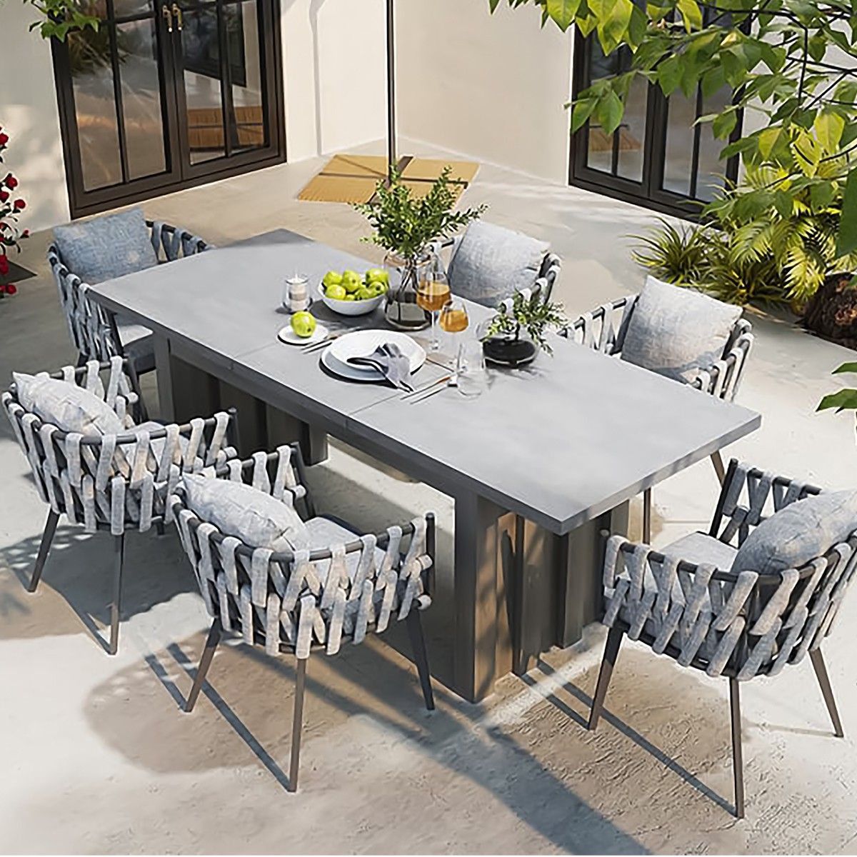 Möbelset für Garten oder Terrasse, 6 Stühle, ausziehbarer Tisch, Aluminium und Seilflechtung, Riga