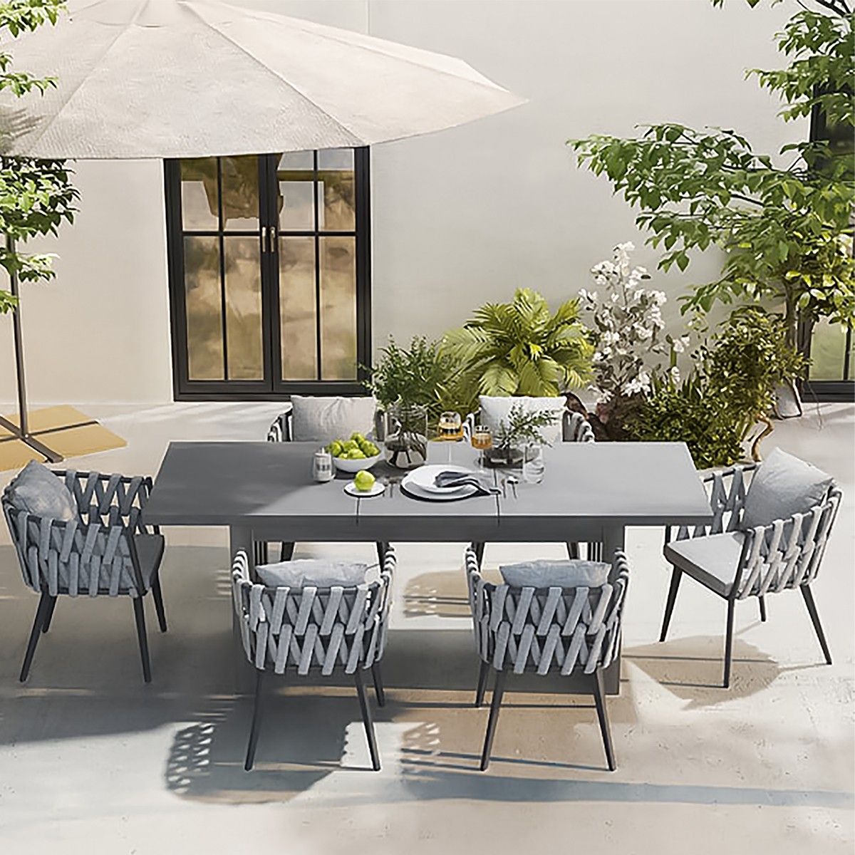 Möbelset für Terrasse oder Garten, 6 Stühle, ausziehbarer Tisch, Aluminium und Seilgeflecht, Riga