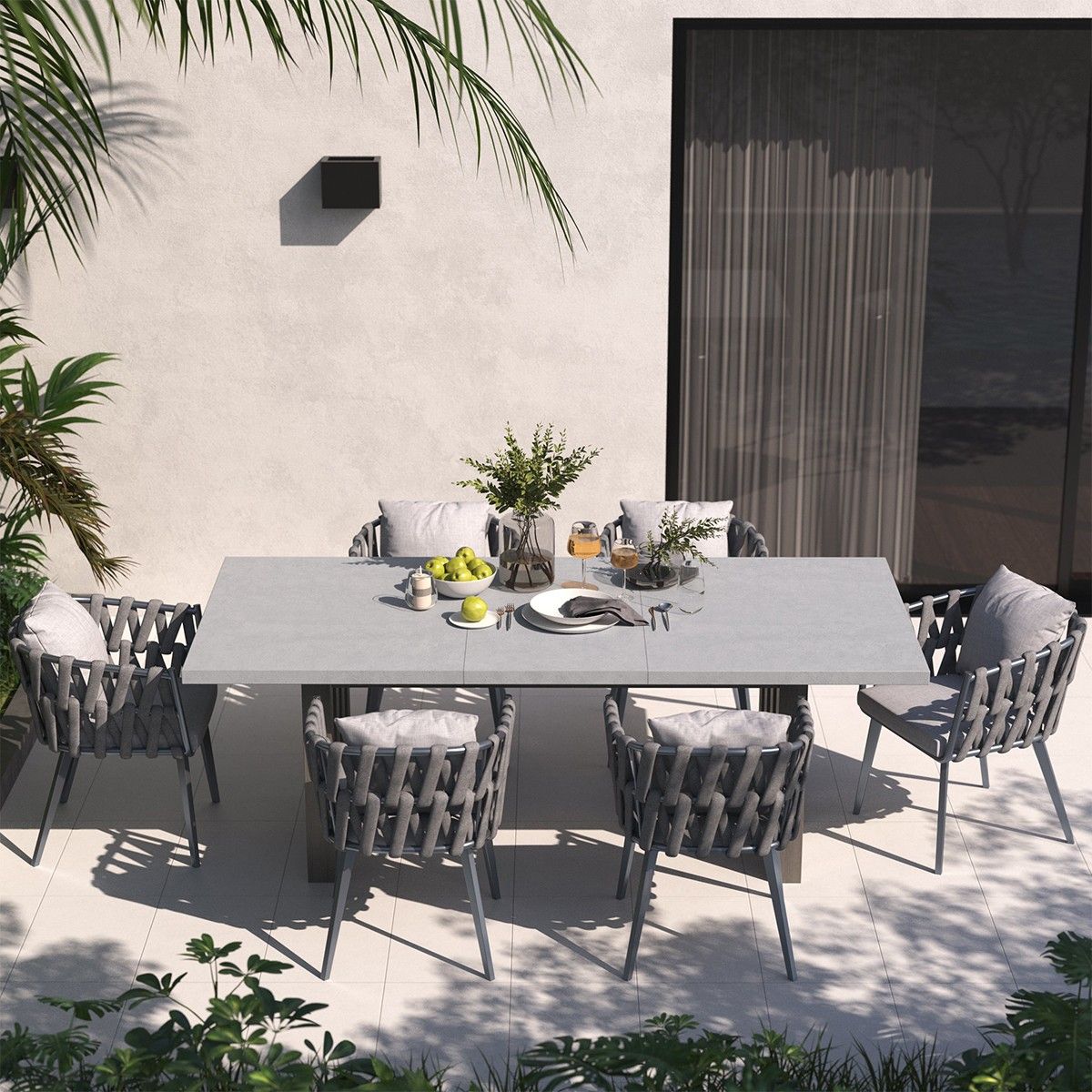 Möbelset für Terrasse oder Garten, 6 Stühle, ausziehbarer Tisch, Aluminium und Seilgeflecht, Riga