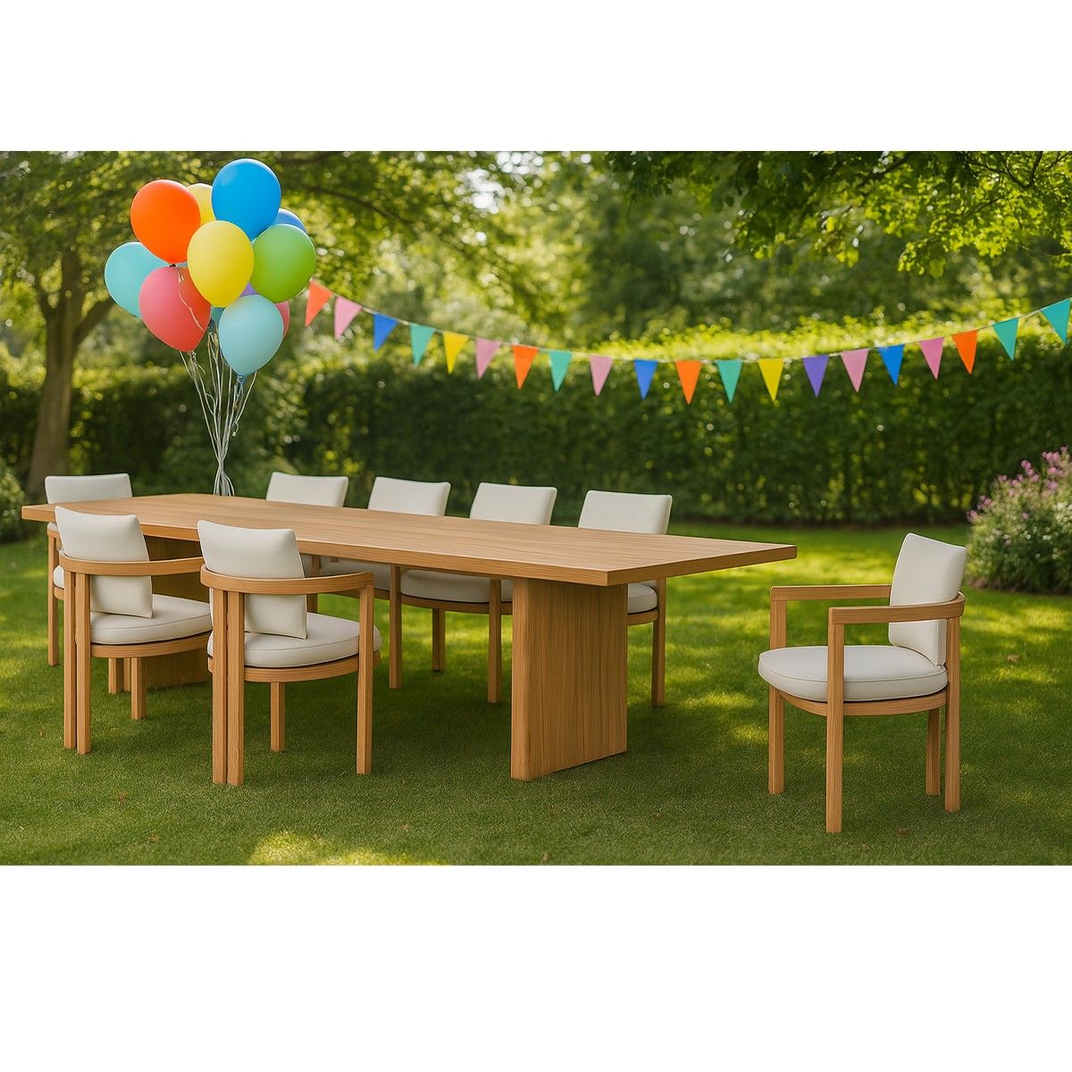 Möbelset für Terrasse oder Garten, großer Tisch und 8 Stühle, Voll-Teakholz, inklusive Kissen, Primavera