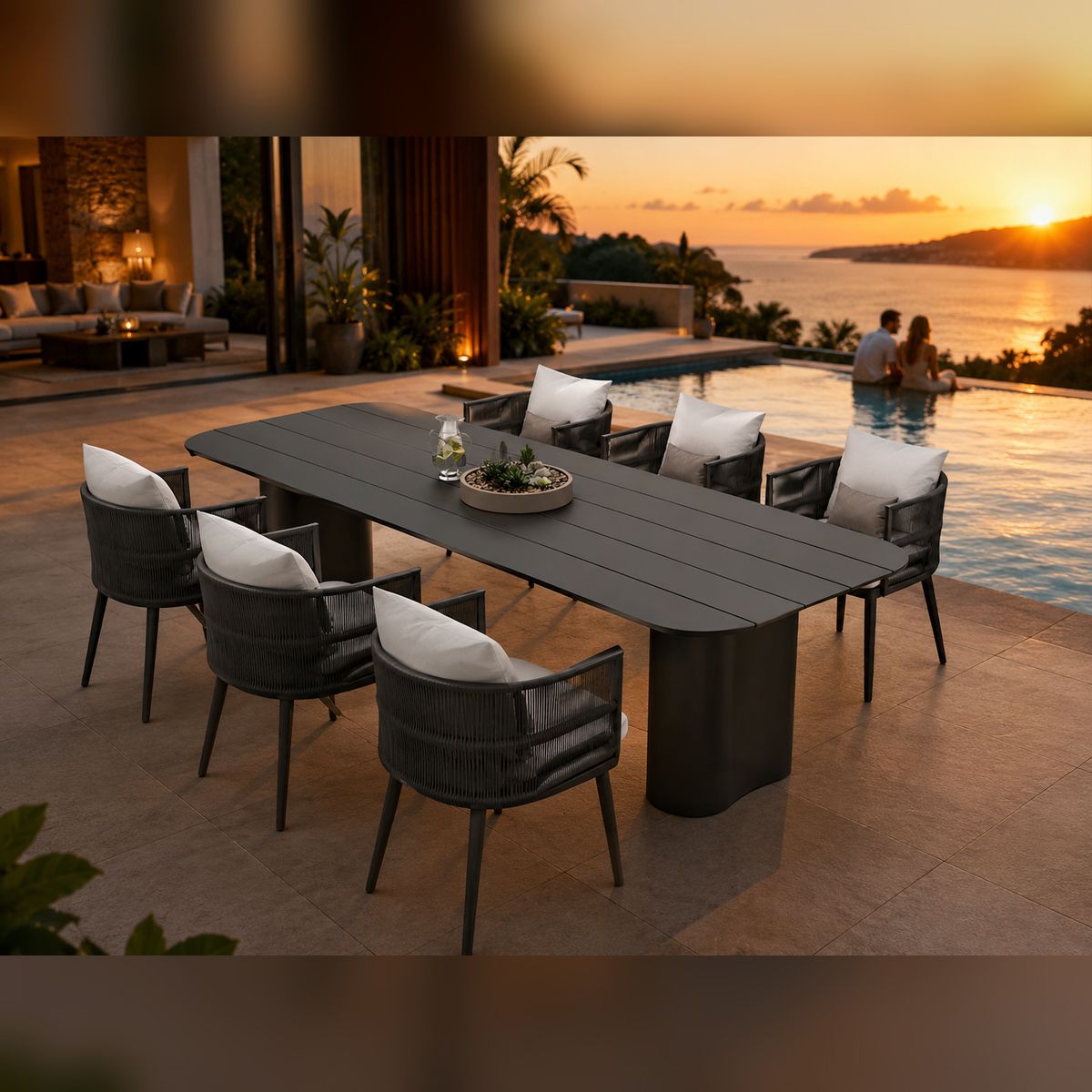 Möbelset für 6 Personen, Garten oder Terrasse, Aluminium, robuster Tisch 214x100 cm + 6 Stühle mit Seilgeflecht, Nova Luxe