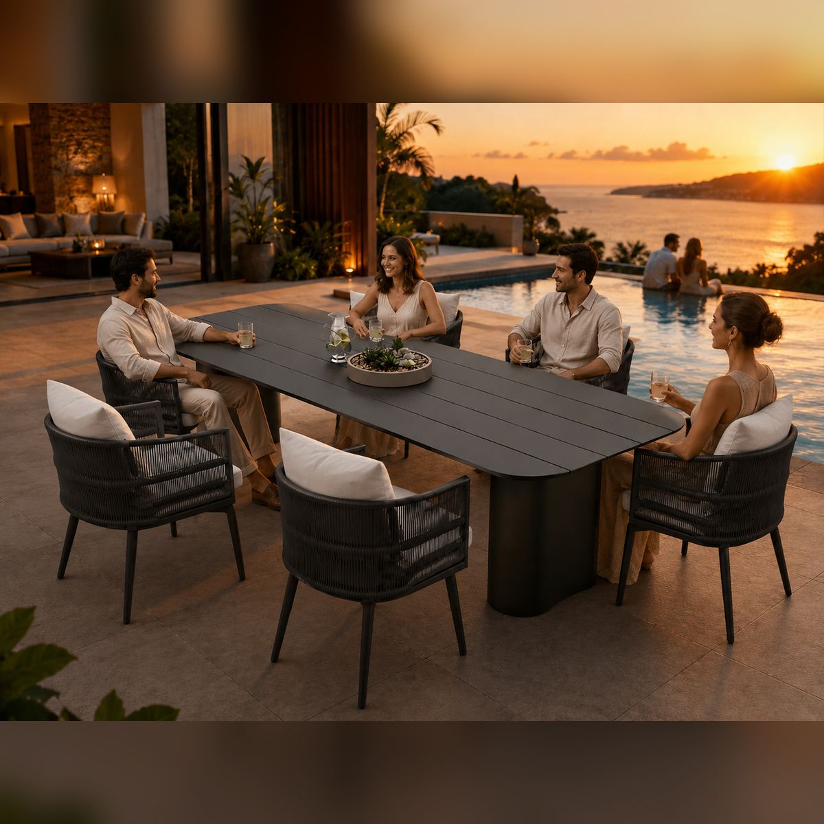 Möbelset für 6 Personen, Garten oder Terrasse, Aluminium, robuster Tisch 214x100 cm + 6 Stühle mit Seilgeflecht, Nova Luxe