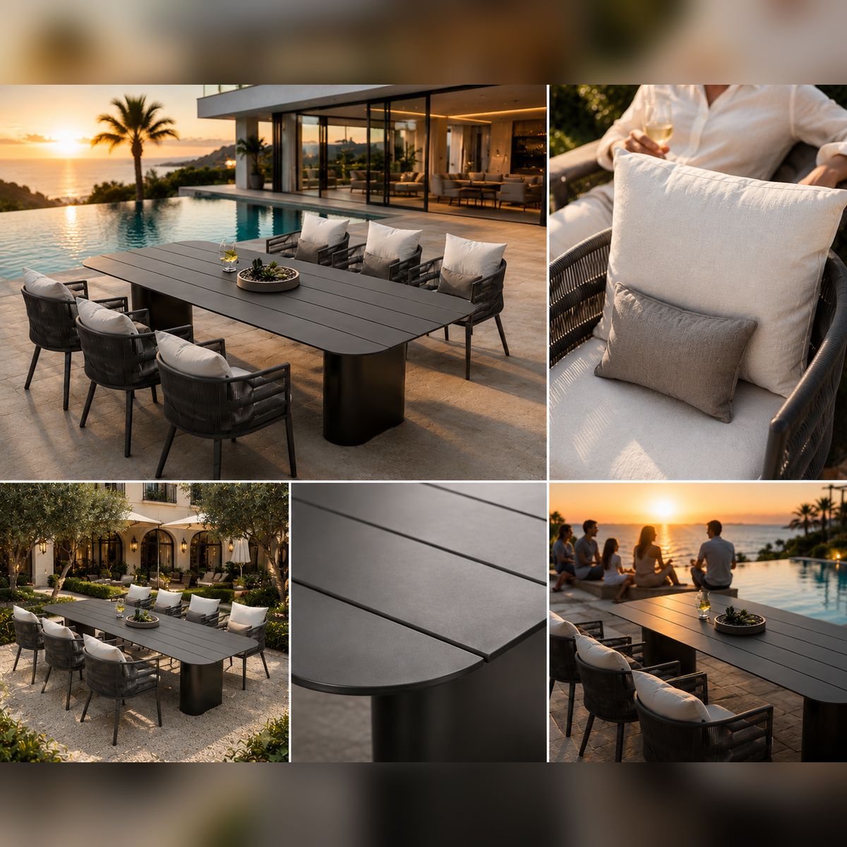 Möbelset für 6 Personen, Garten oder Terrasse, Aluminium, robuster Tisch 214x100 cm + 6 Stühle mit Seilgeflecht, Nova Luxe