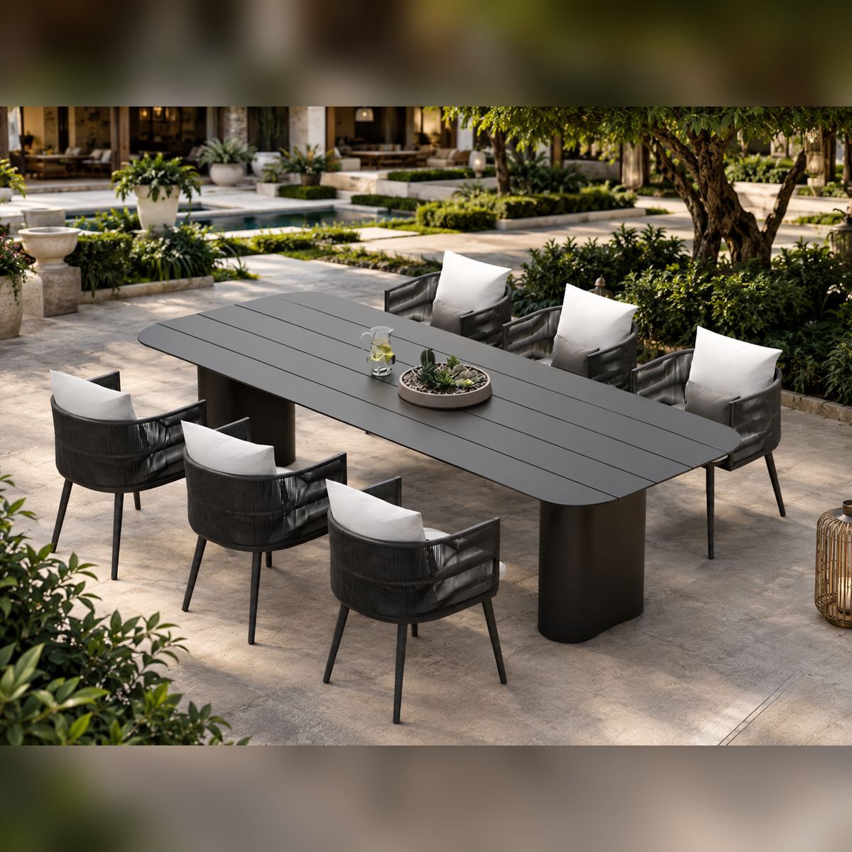 Möbelset für 6 Personen, Garten oder Terrasse, Aluminium, robuster Tisch 214x100 cm + 6 Stühle mit Seilgeflecht, Nova Luxe