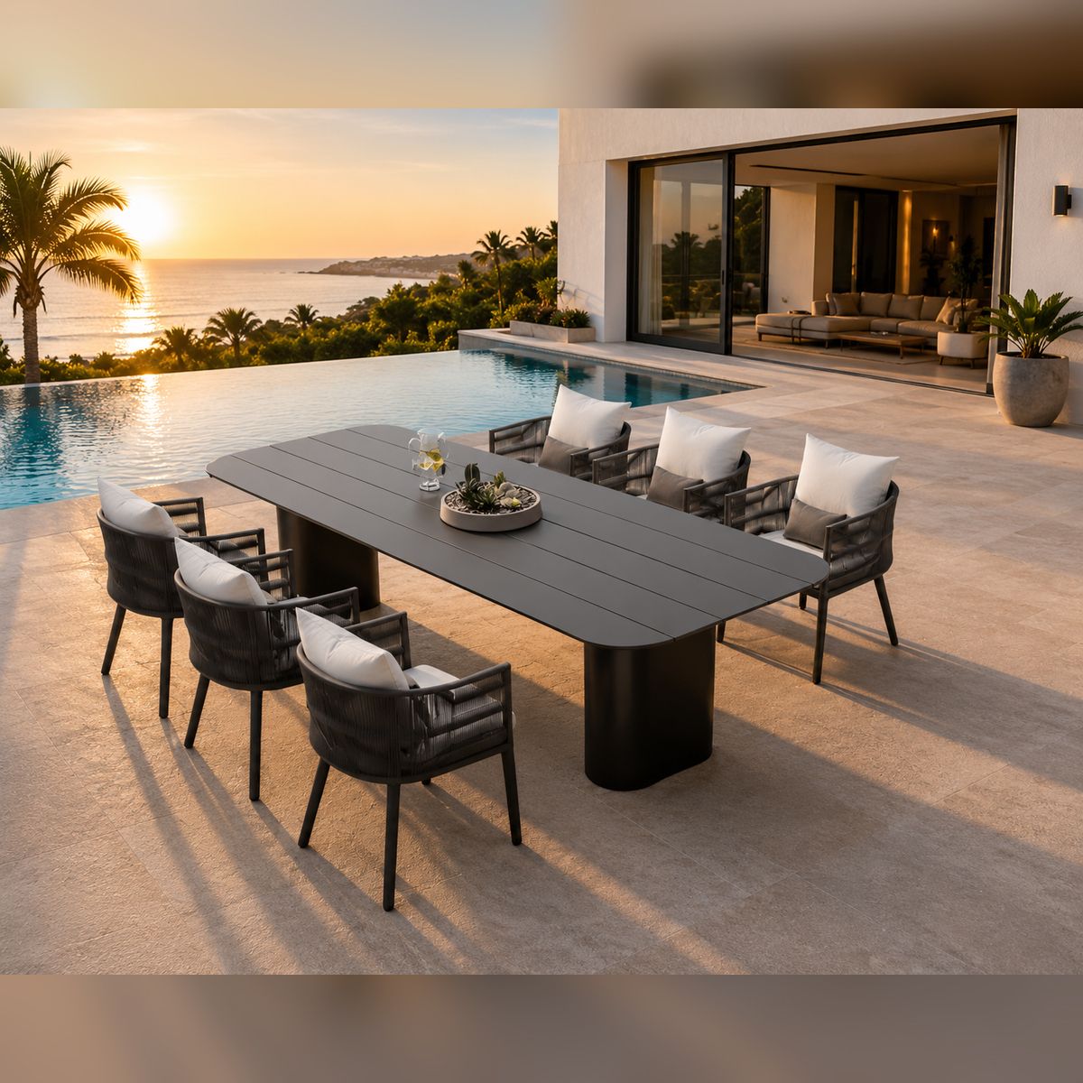 Möbelset für 6 Personen, Garten oder Terrasse, Aluminium, robuster Tisch 214x100 cm + 6 Stühle mit Seilgeflecht, Nova Luxe