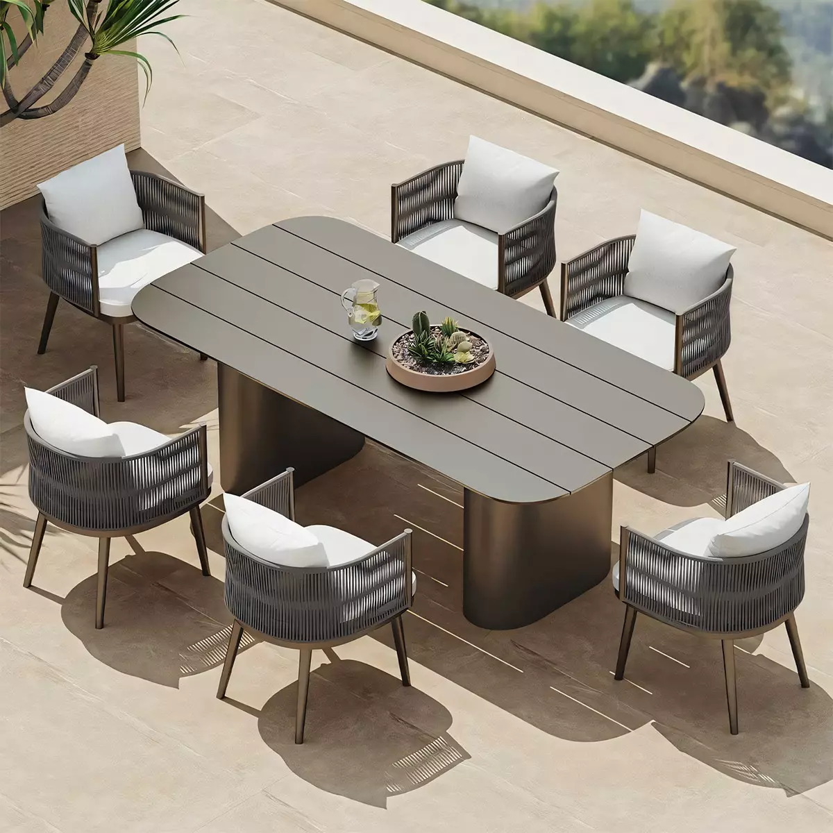 Möbelset für 8 Personen, Terrasse oder Garten, Aluminium, robuster Tisch 214x100 cm + 8 Stühle mit Seilgeflecht, Nova Luxe