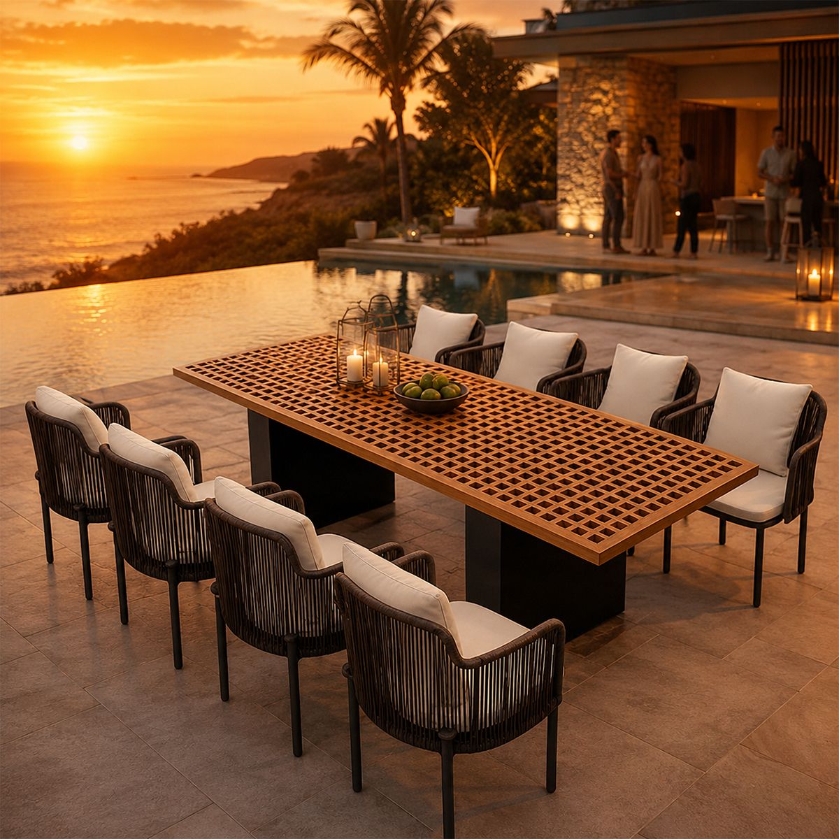Möbelset für Garten oder Terrasse, Teakholztisch mit 8 Stühlen inklusive Kissen, Aluminium- und Polyrattan-Gestell, Mora