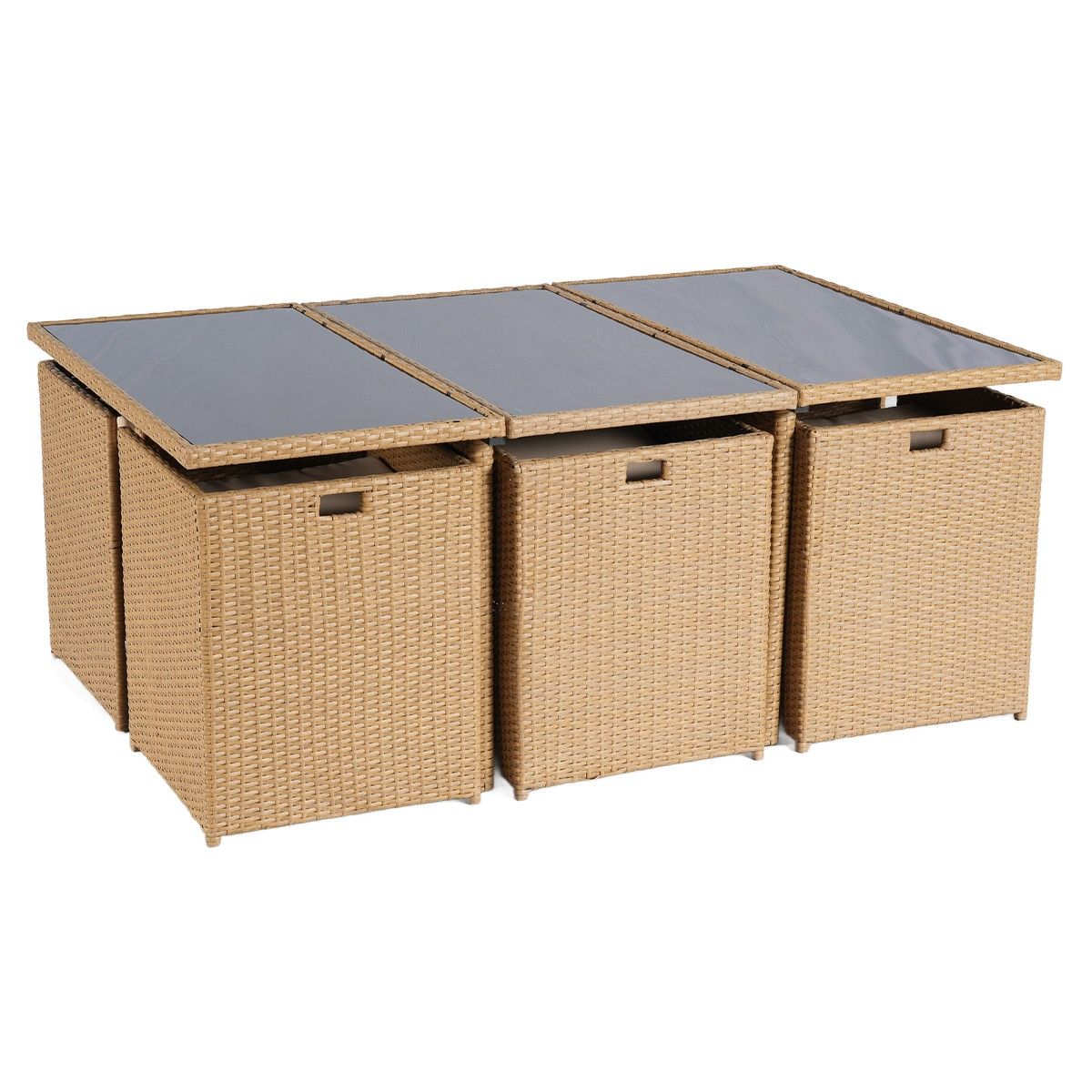 Möbelset für Terrasse und Garten, klappbarer Cube, Tisch mit Glasplatte, 6 Stühle mit klappbarer Rückenlehne, 4 Hocker, Mauritius