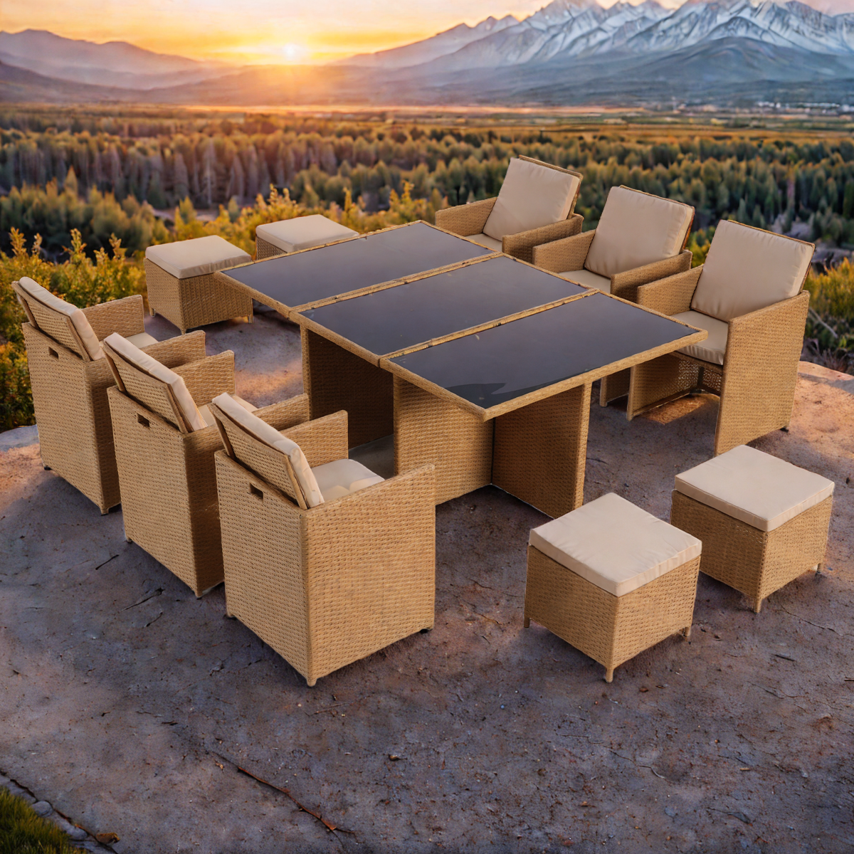 Möbelset für Terrasse und Garten, klappbarer Cube, Tisch mit Glasplatte, 6 Stühle mit klappbarer Rückenlehne, 4 Hocker, Mauritius
