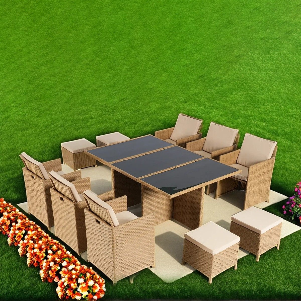 Möbelset für Terrasse und Garten, klappbarer Cube, Tisch mit Glasplatte, 6 Stühle mit klappbarer Rückenlehne, 4 Hocker, Mauritius
