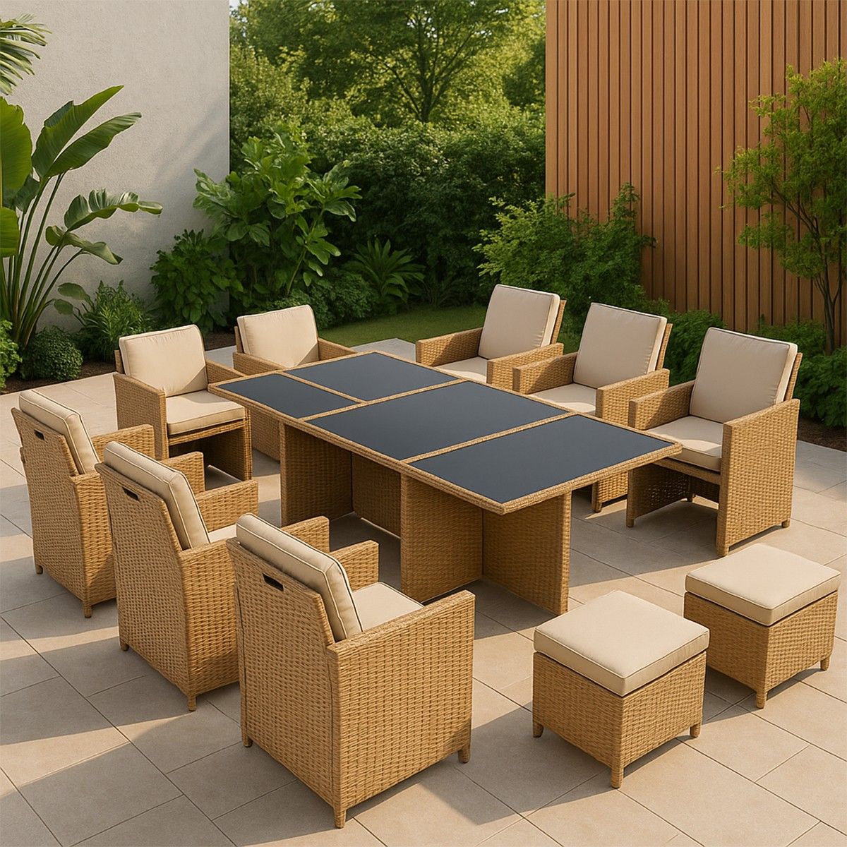 Möbelset für Garten oder Terrasse – klappbarer Cube, Tisch mit Glasplatte, 6 Stühle mit klappbarer Lehne, 4 Hocker,  Mauritius