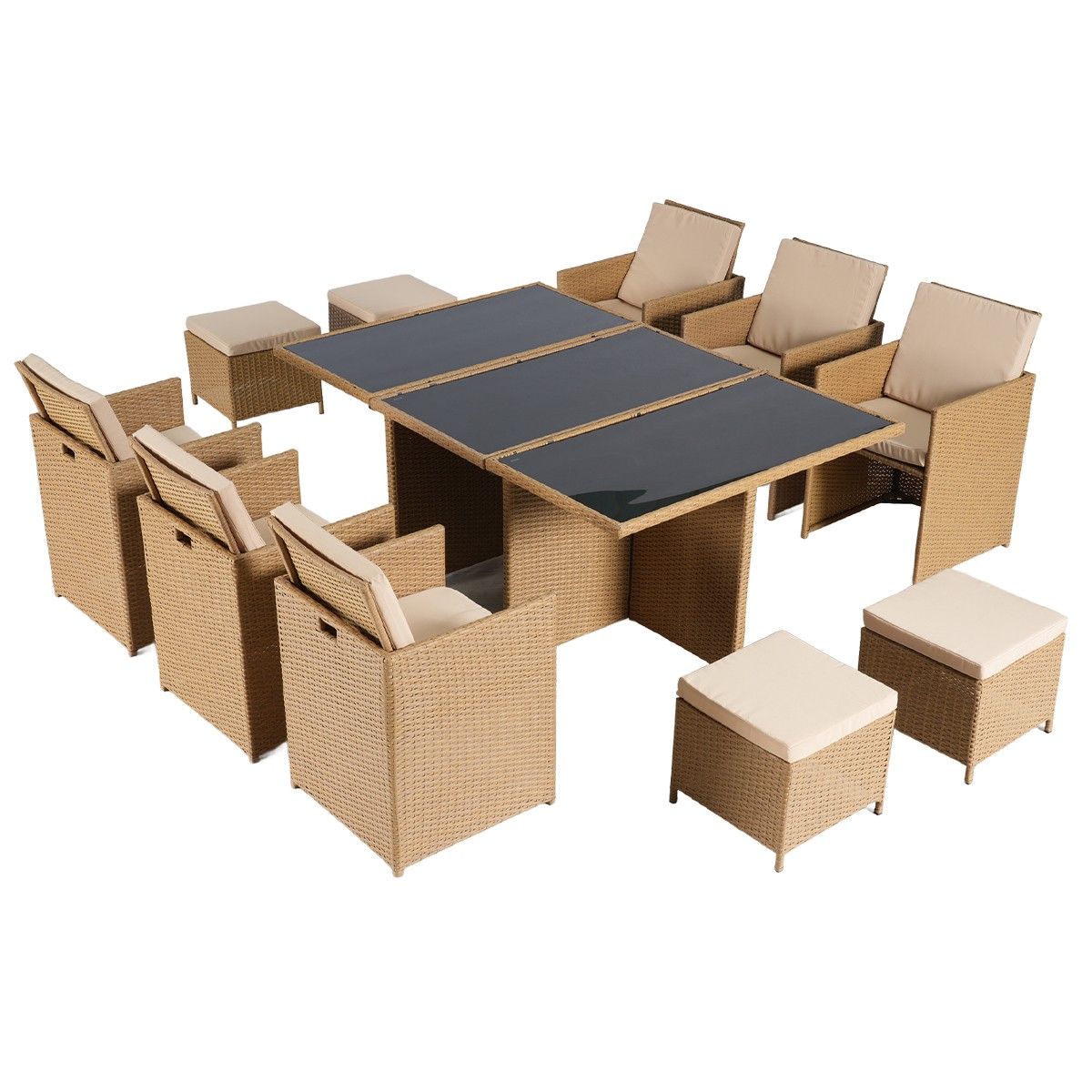 Möbelset für Terrasse und Garten, klappbarer Cube, Tisch mit Glasplatte, 6 Stühle mit klappbarer Rückenlehne, 4 Hocker, Mauritius
