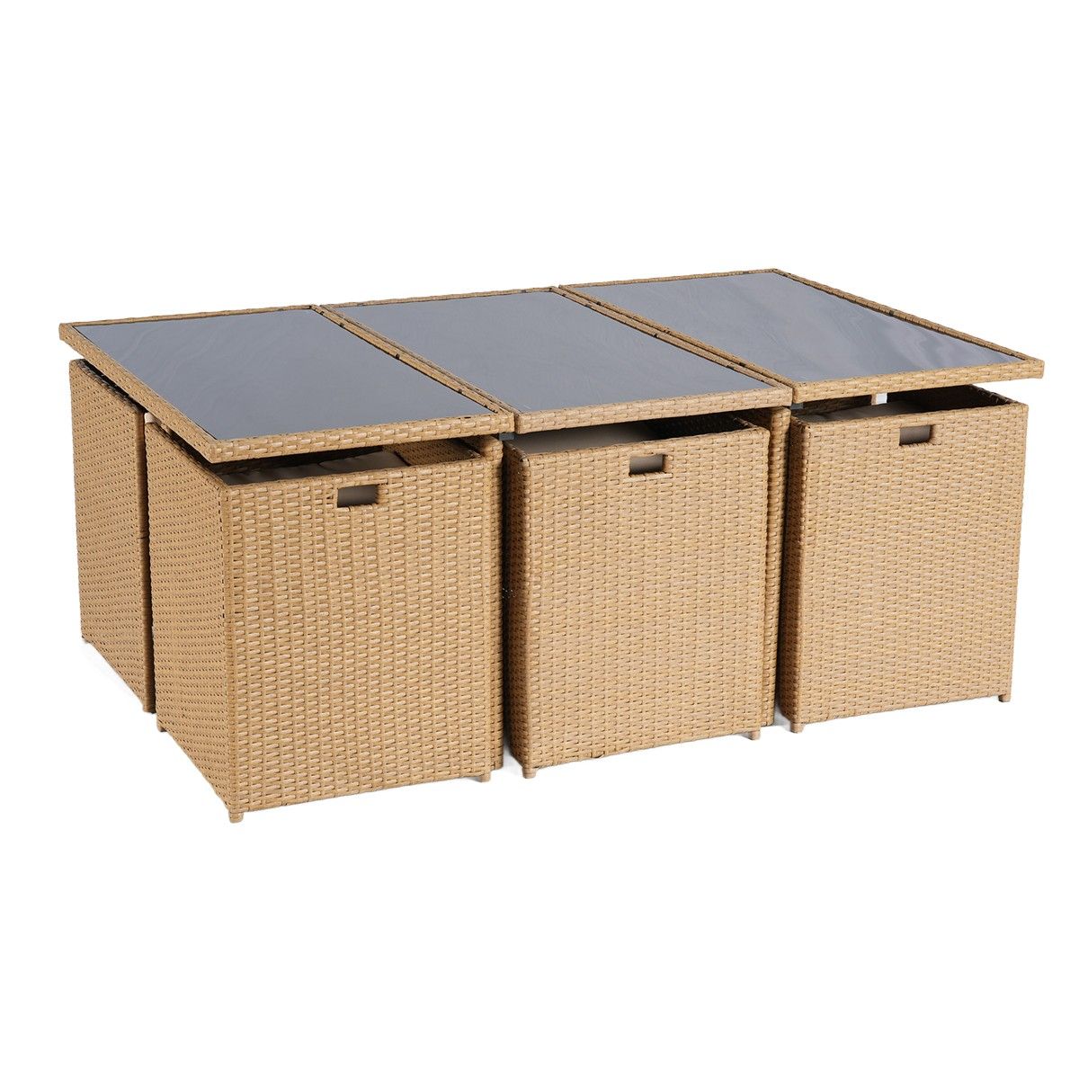 Möbelset für Terrasse und Garten, klappbarer Cube, Tisch mit Glasplatte, 6 Stühle mit klappbarer Rückenlehne, 4 Hocker, Mauritius