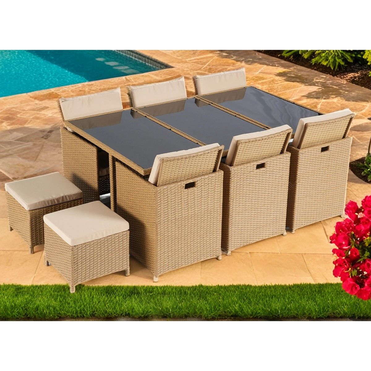 Möbelset für Terrasse und Garten, klappbarer Cube, Tisch mit Glasplatte, 6 Stühle mit klappbarer Rückenlehne, 4 Hocker, Mauritius