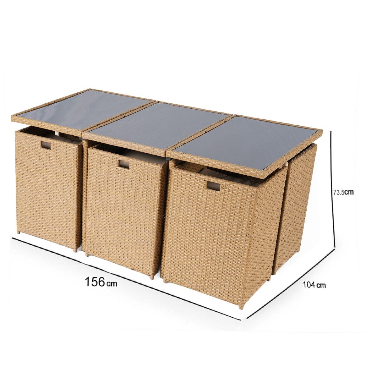 Möbelset für Terrasse und Garten, klappbarer Cube, Tisch mit Glasplatte, 6 Stühle mit klappbarer Rückenlehne, 4 Hocker, Mauritius
