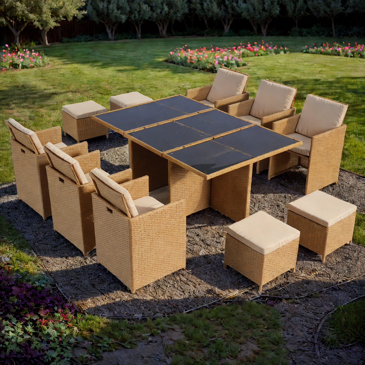 Möbelset für Terrasse und Garten, klappbarer Cube, Tisch mit Glasplatte, 6 Stühle mit klappbarer Rückenlehne, 4 Hocker, Mauritius