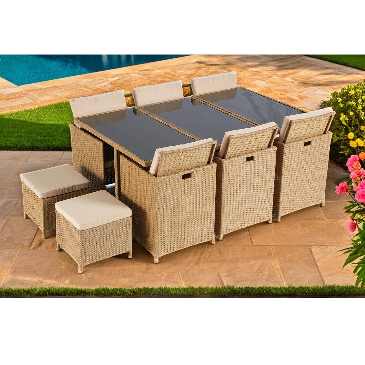 Möbelset für Terrasse und Garten, klappbarer Cube, Tisch mit Glasplatte, 6 Stühle mit klappbarer Rückenlehne, 4 Hocker, Mauritius