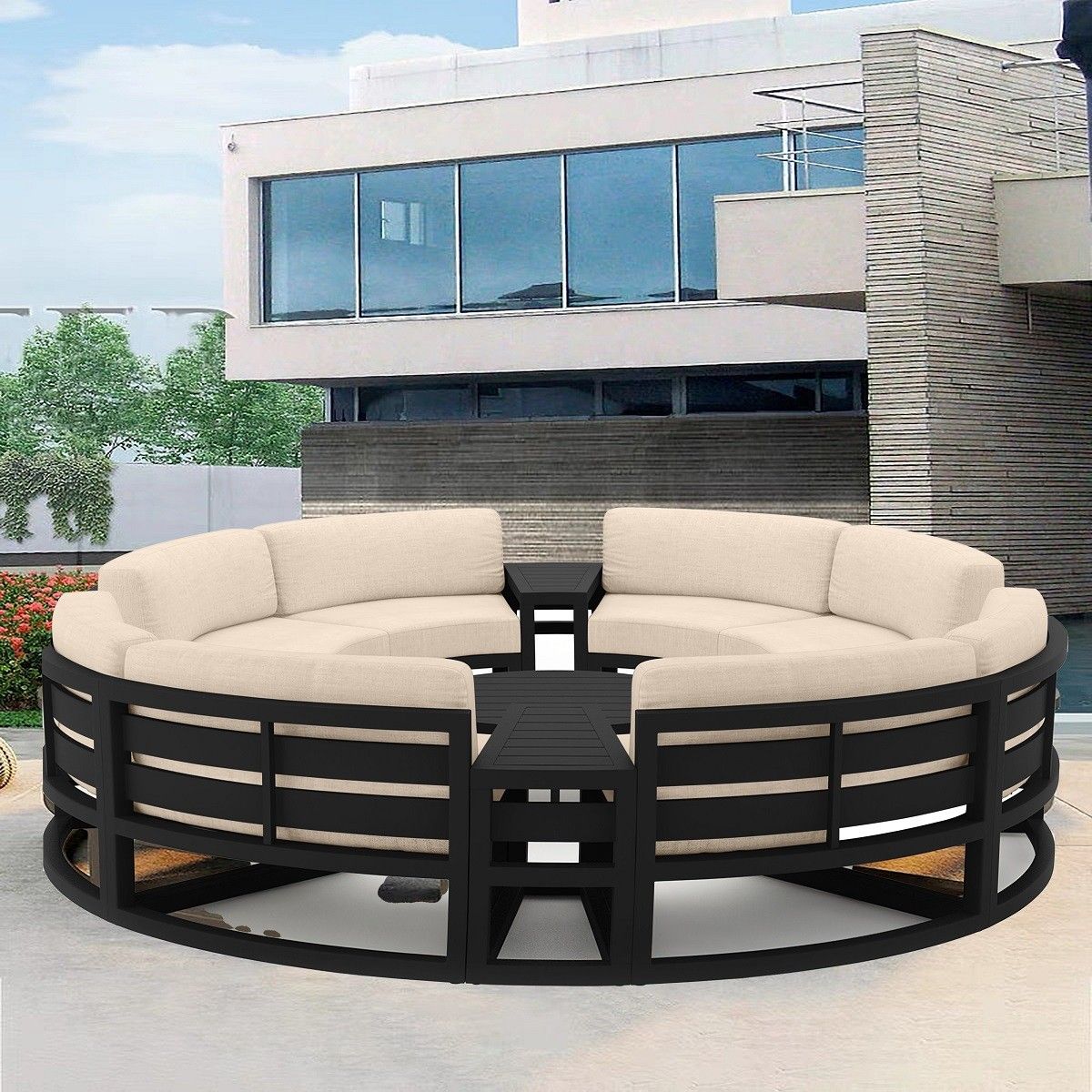 Rundes Möbelset für Terrasse oder Garten, Aluminiumrahmen, 7-teilig, Dunkelgrau, inklusive cremefarbener Kissen, Coral