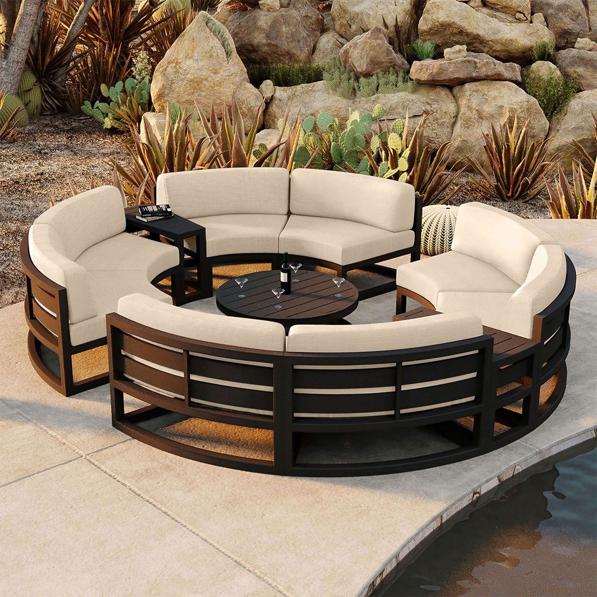 Set Rundes Garten- oder Terrassenmöbel, Aluminiumrahmen, 7-teilig, Dunkelgrau, Inklusive Kissen in Creme, Coral