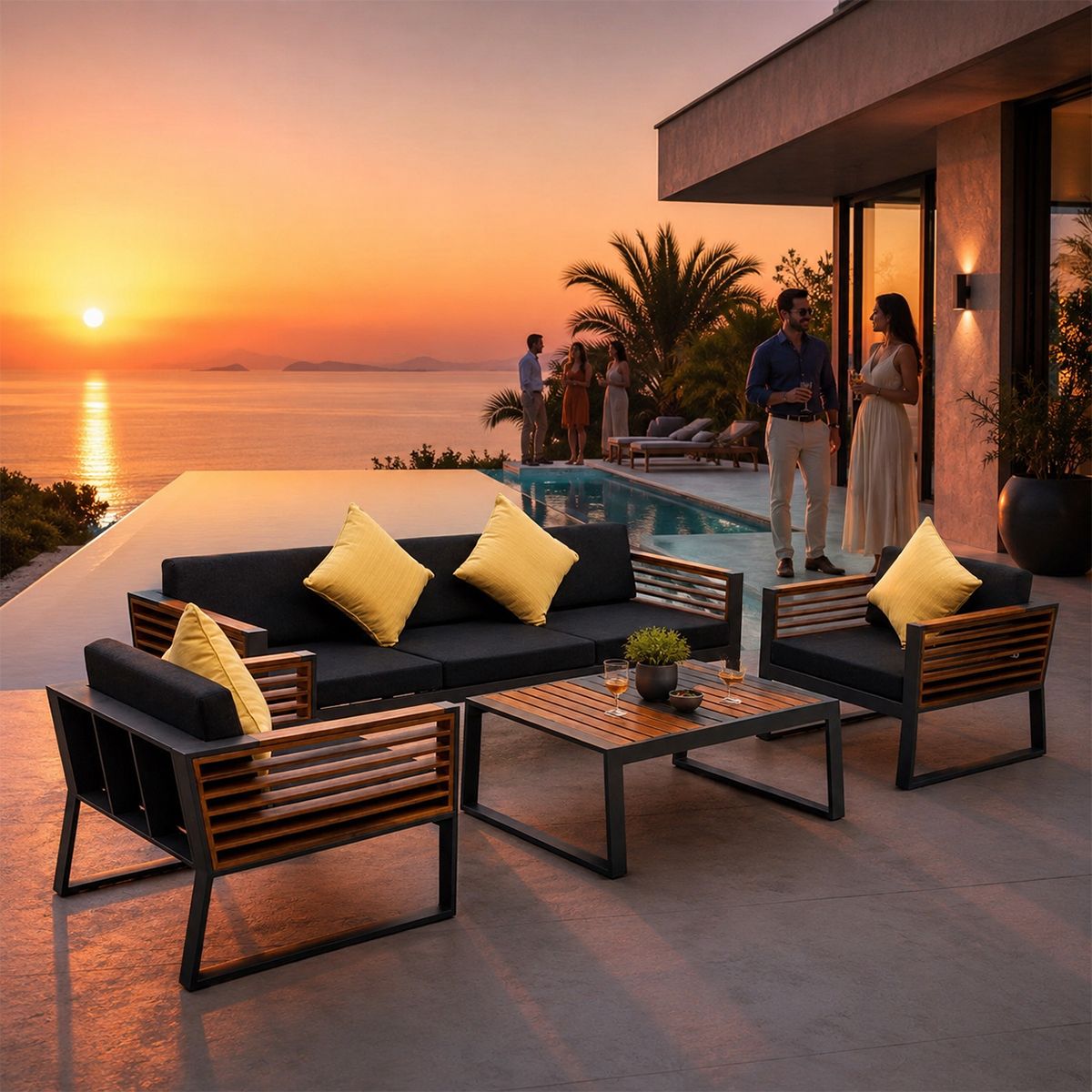 Möbelset für Garten oder Terrasse – Sofa, 2 Sessel, Couchtisch mit Ice Bucket, Aluminium und Holz, inklusive Kissen, Kia